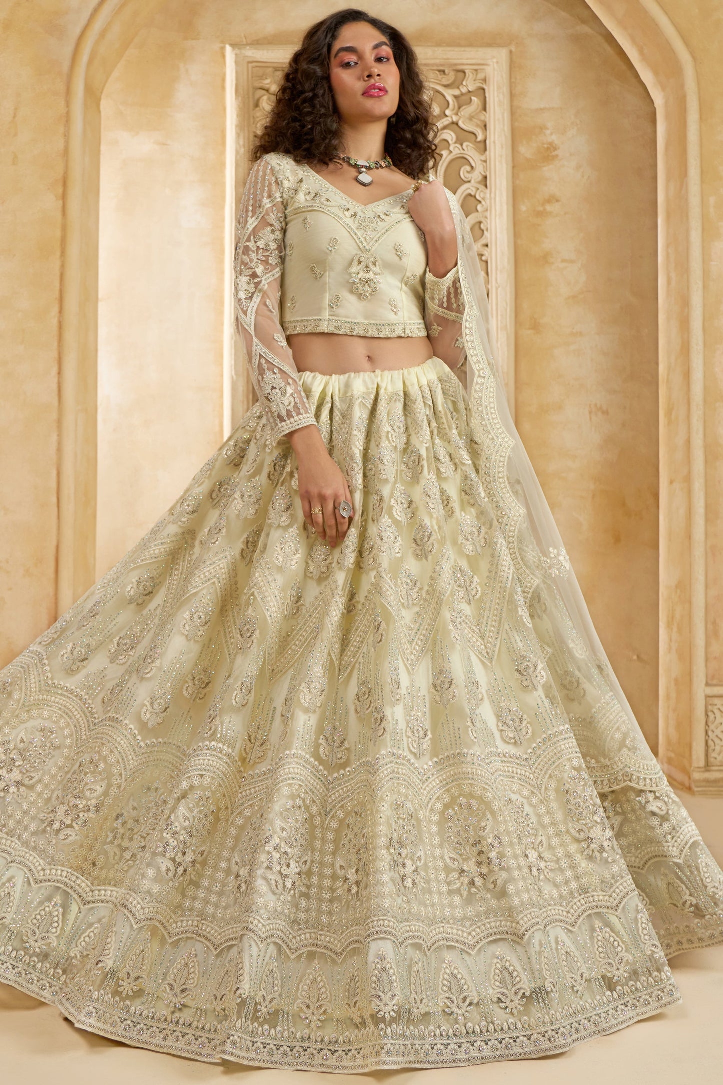 White Semi Stitched Embroidered Net Lehenga-LC21_1_SareeButa.com