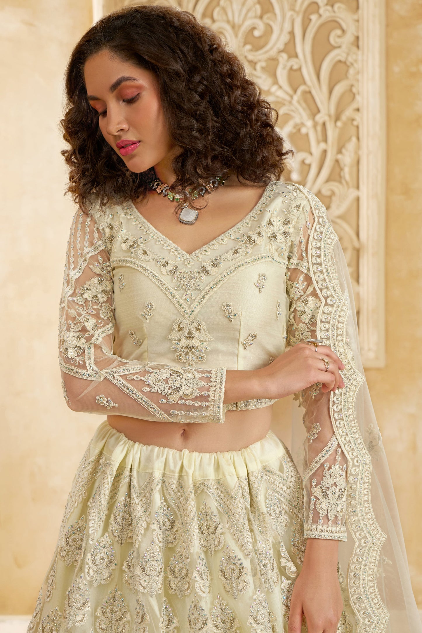 White Semi Stitched Embroidered Net Lehenga-LC21_2_SareeButa.com