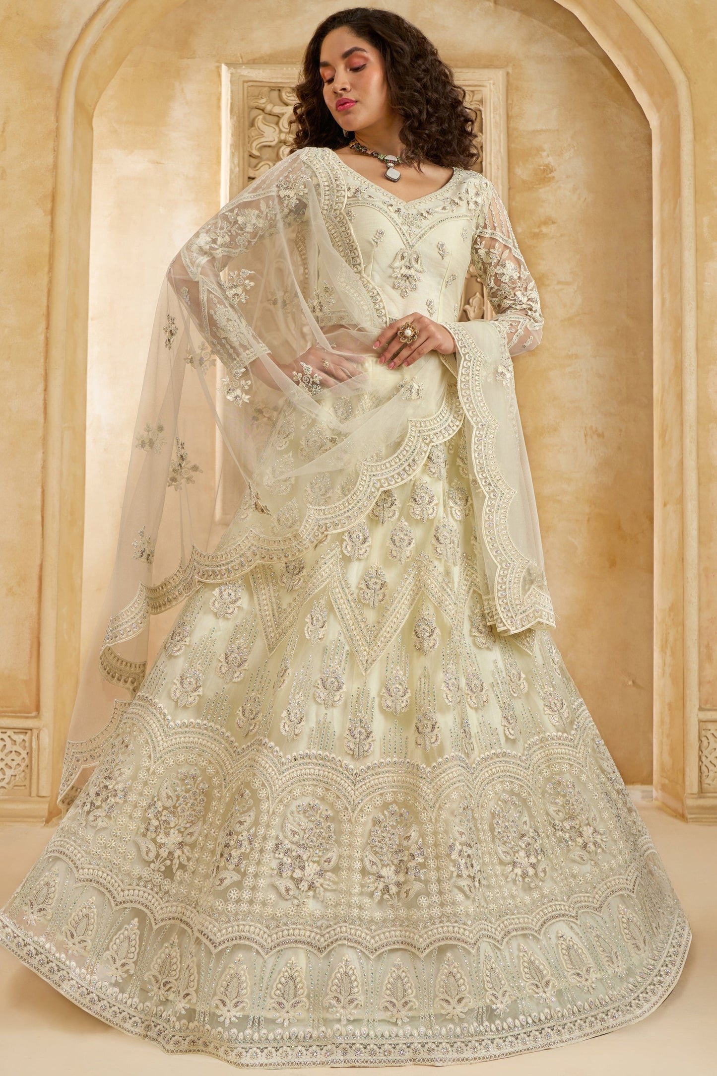 White Semi Stitched Embroidered Net Lehenga-LC21_4_SareeButa.com