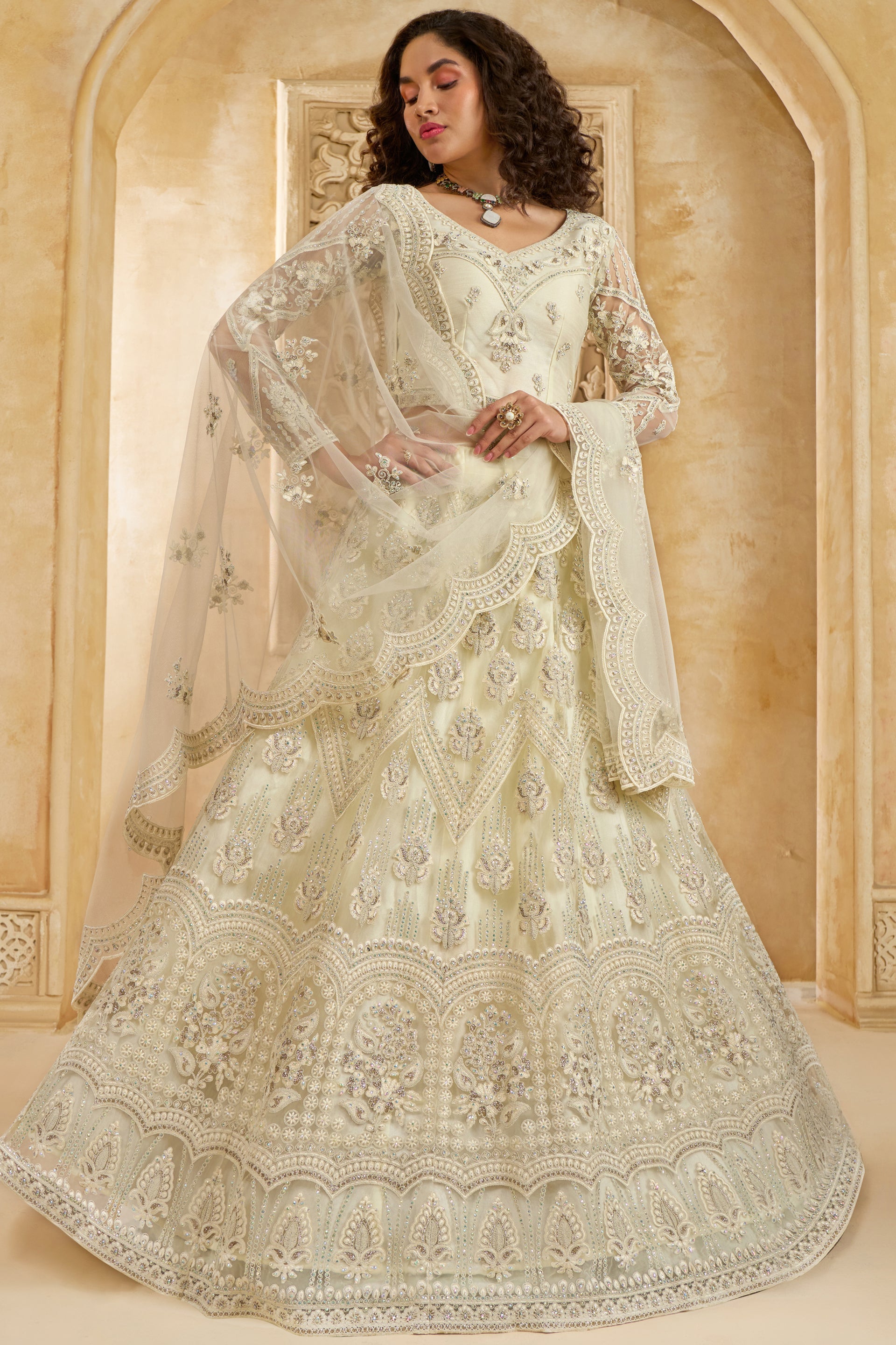 White Semi Stitched Embroidered Net Lehenga-LC21_4_SareeButa.com