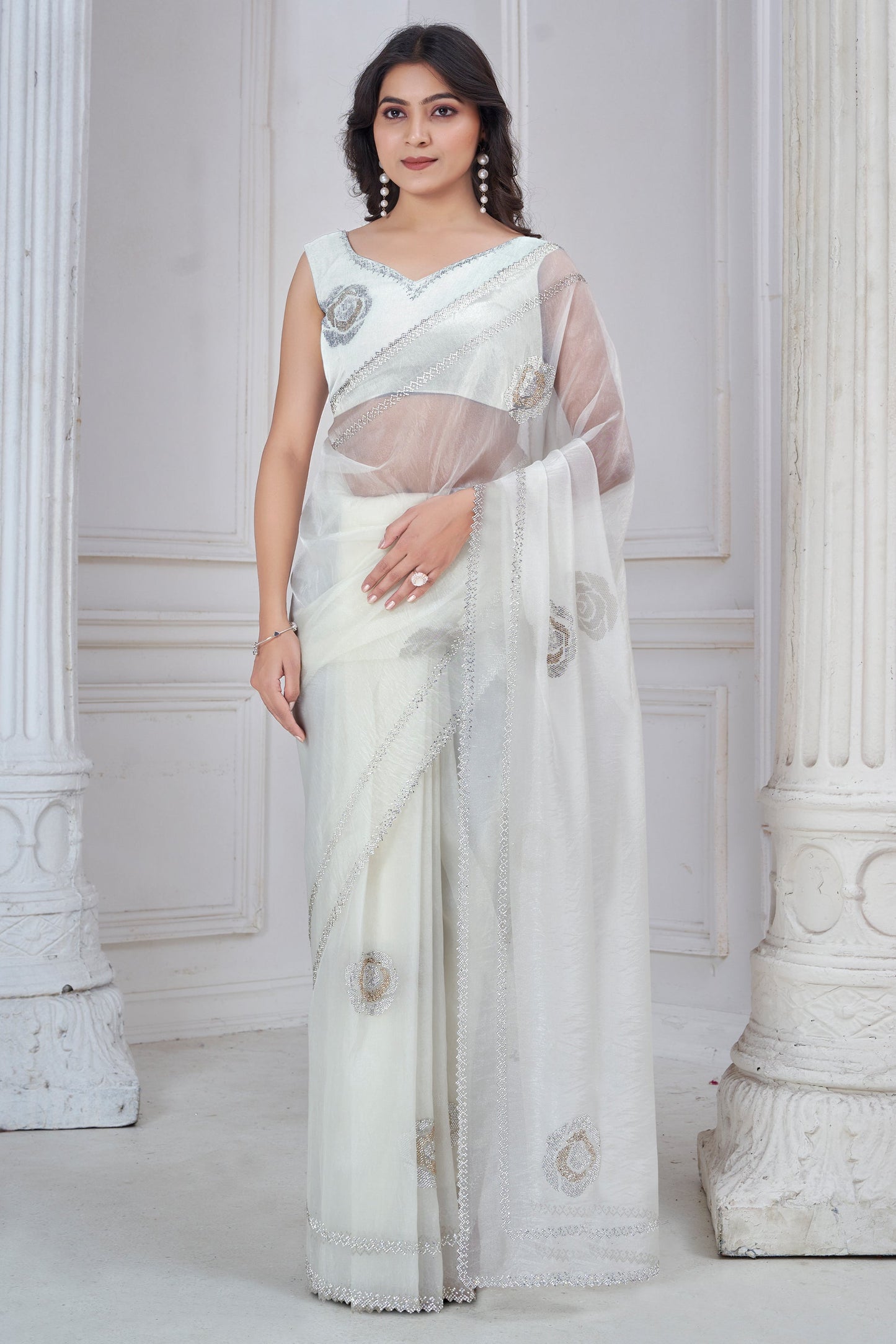 White Stone Work Organza Saree-SAR10765_1_SareeButa.com