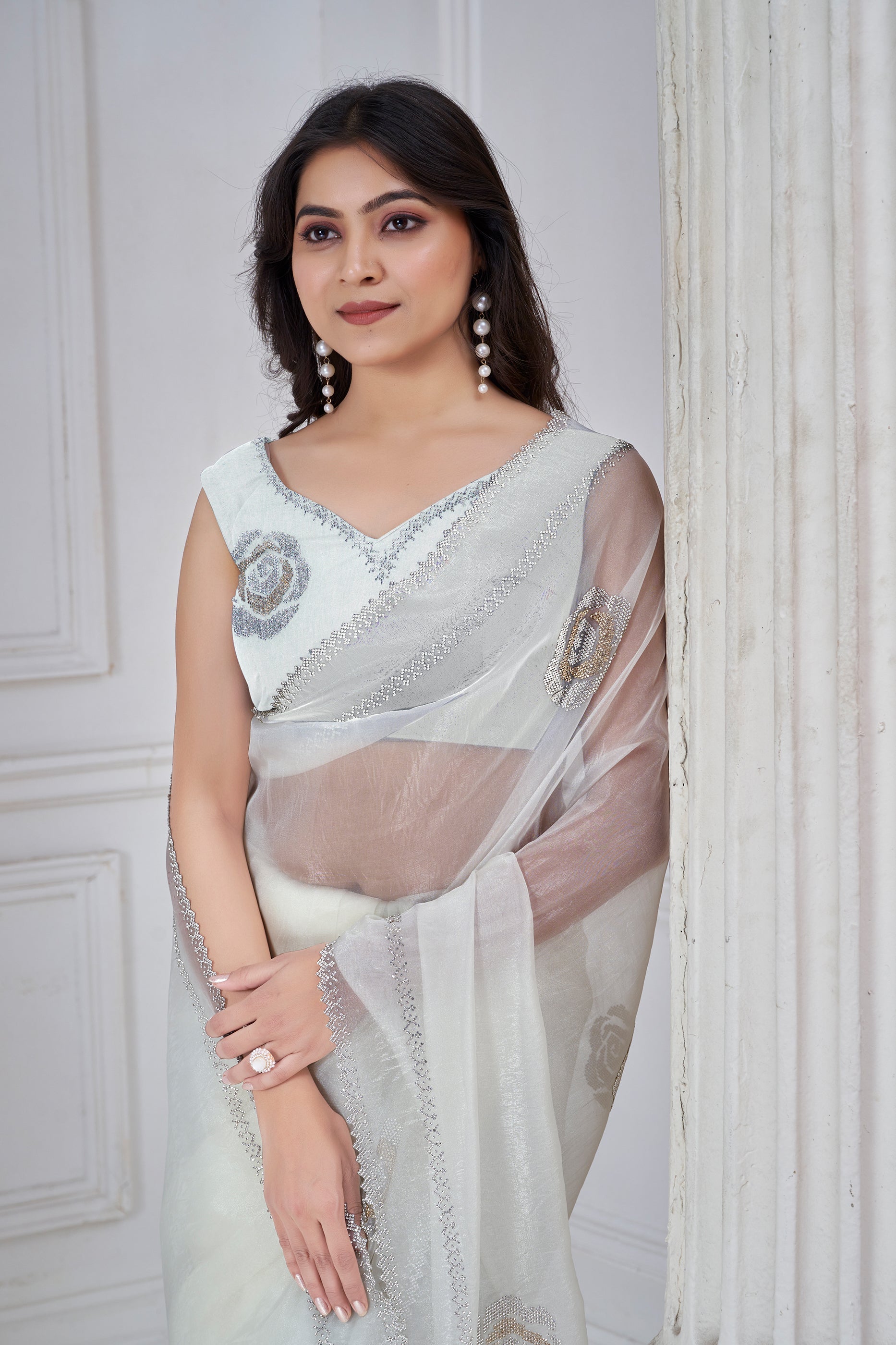 White Stone Work Organza Saree-SAR10765_2_SareeButa.com