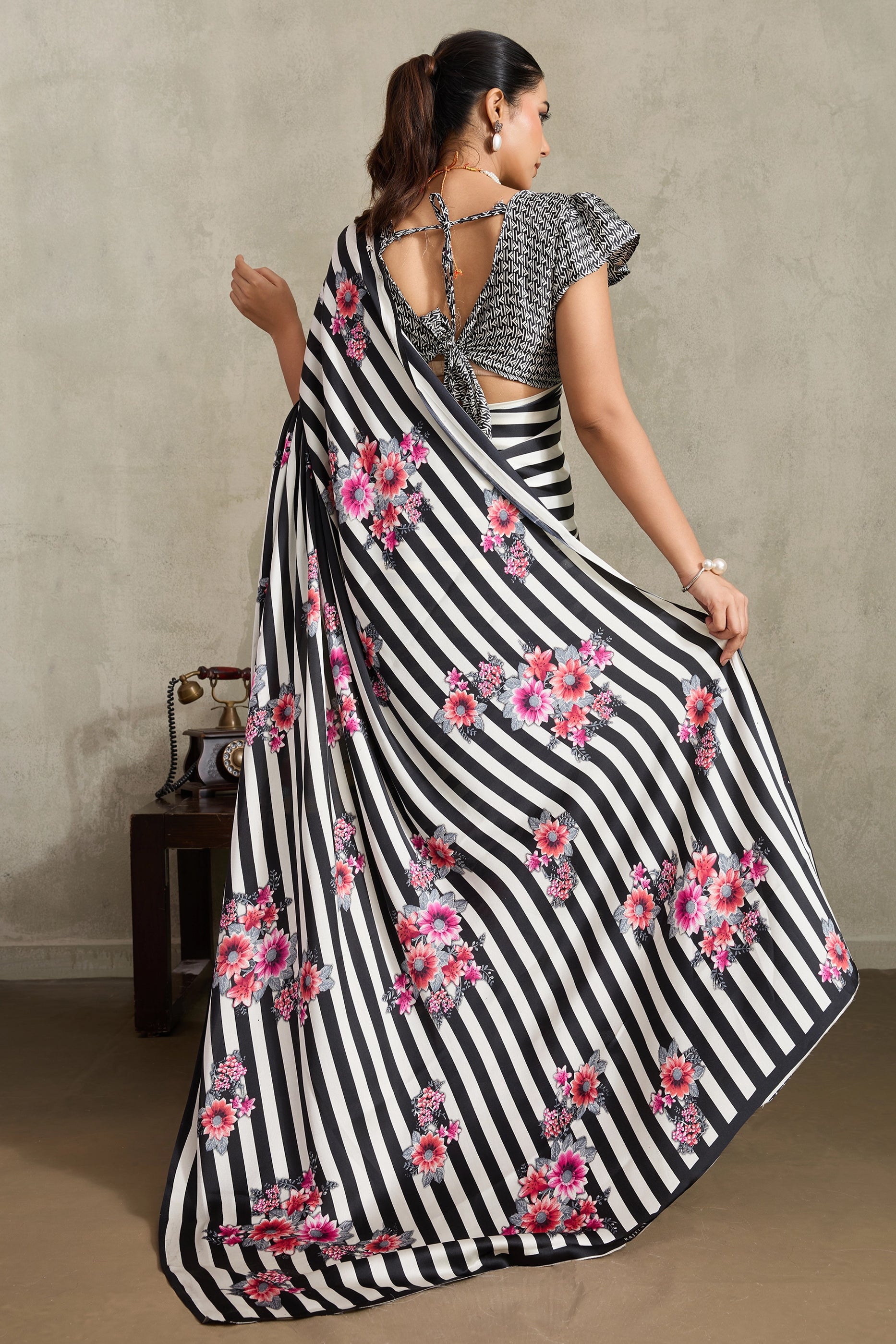 White and Black Stripe Print Satin Saree-SAR11876_4_SareeButa.com