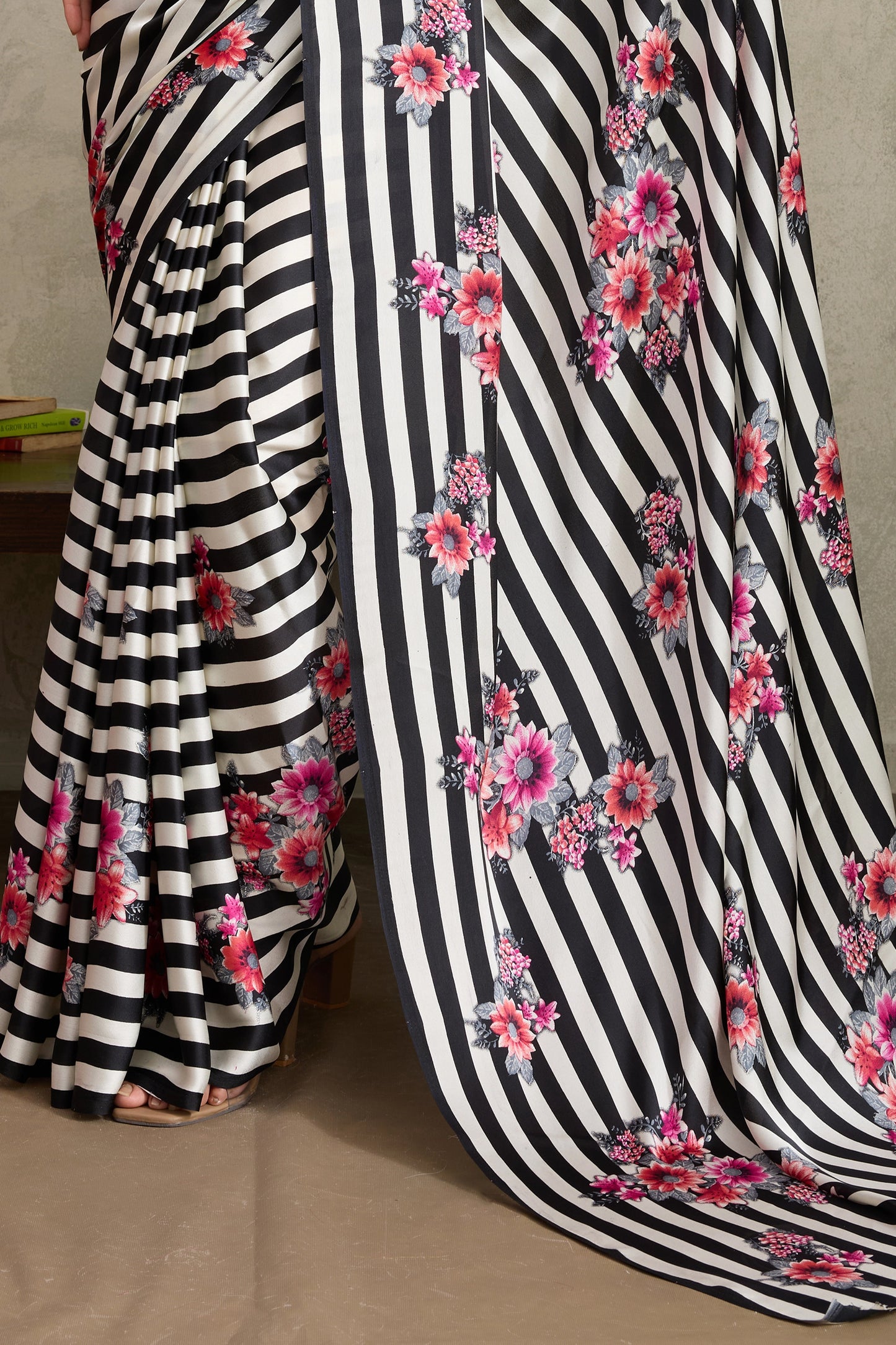 White and Black Stripe Print Satin Saree-SAR11876_5_SareeButa.com