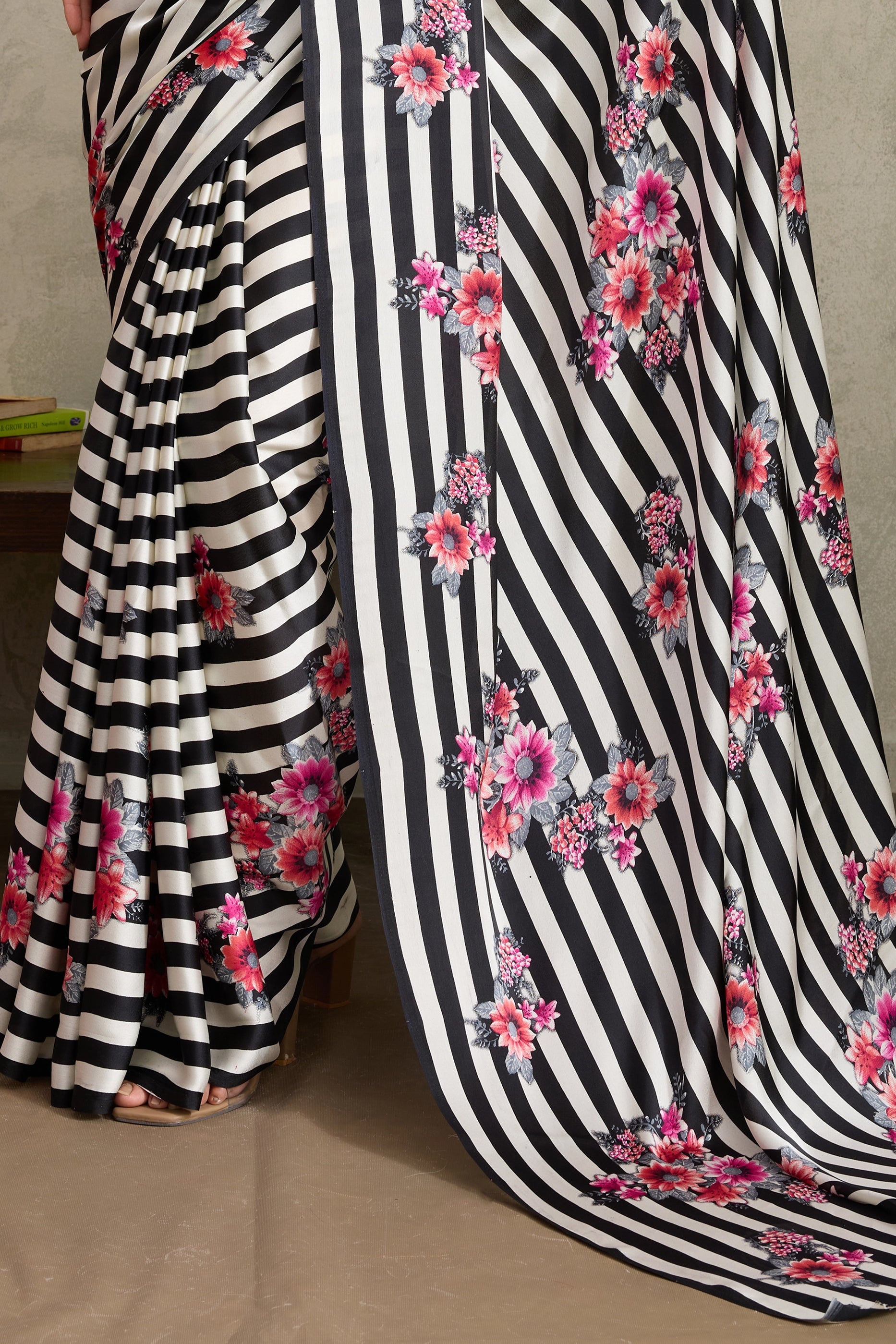 White and Black Stripe Print Satin Saree-SAR11876_5_SareeButa.com