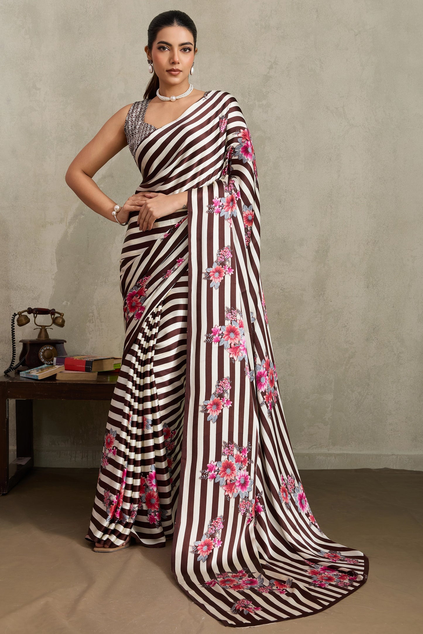 White and Brown Stripe Print Satin Saree-SAR11878_1_SareeButa.com