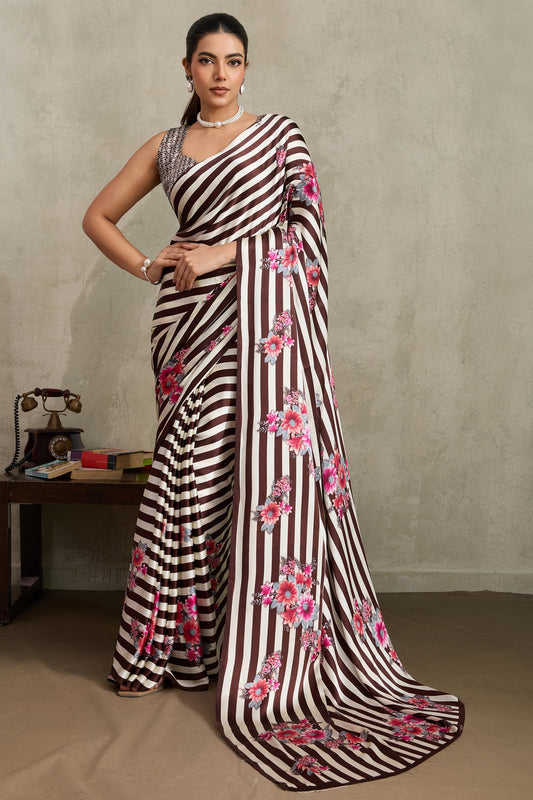 White and Brown Stripe Print Satin Saree-SAR11878_1_SareeButa.com