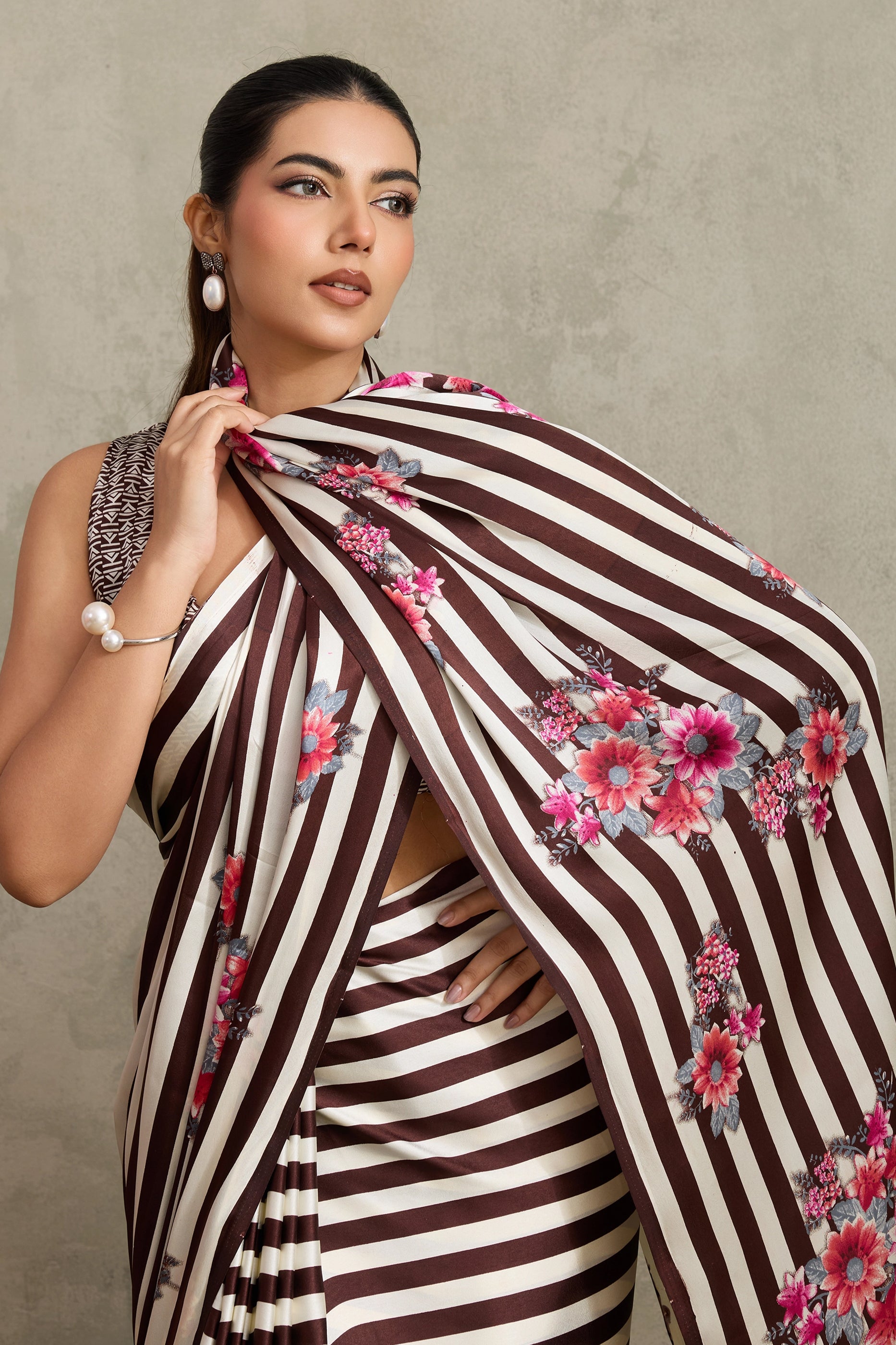 White and Brown Stripe Print Satin Saree-SAR11878_2_SareeButa.com