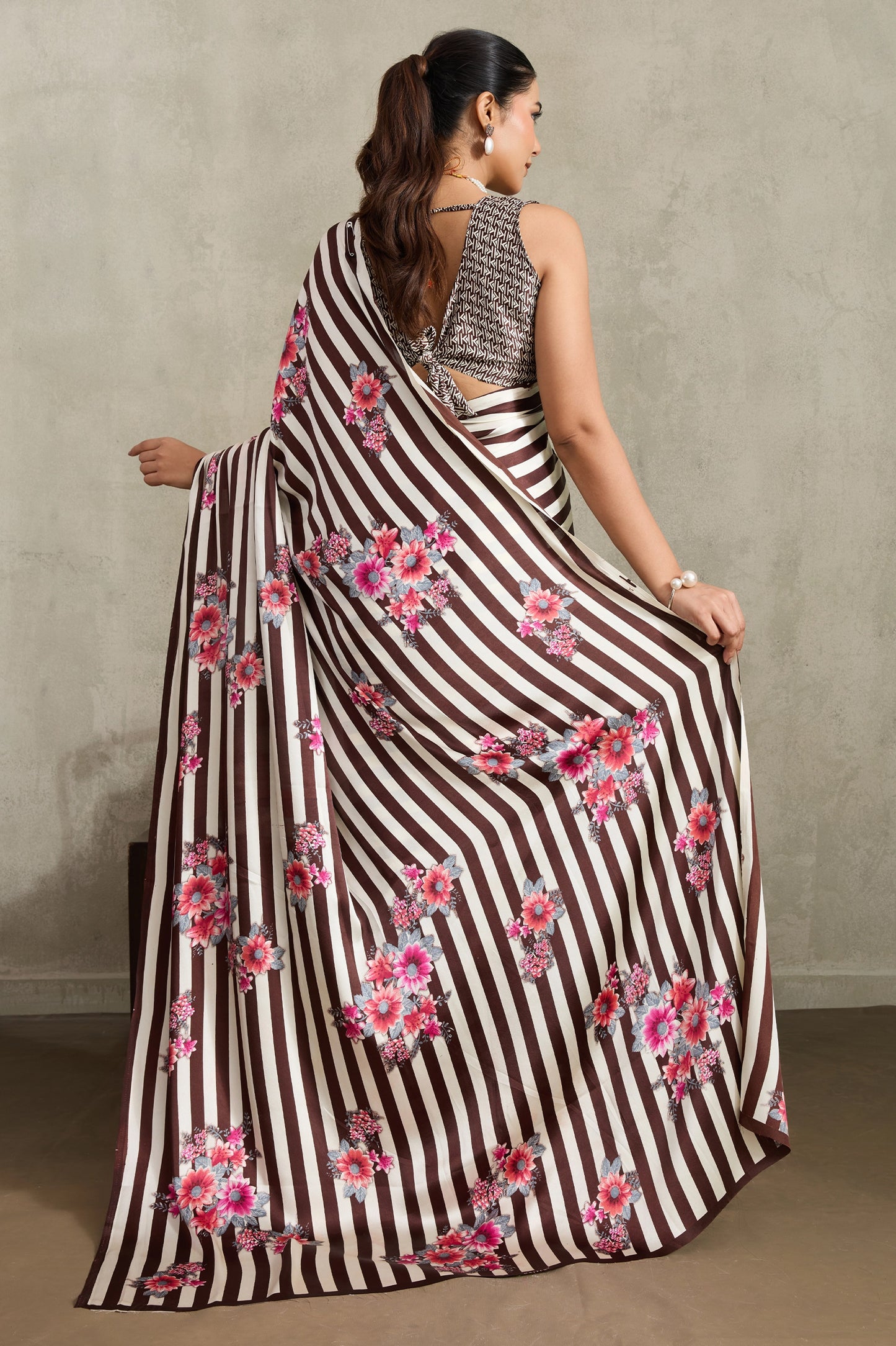White and Brown Stripe Print Satin Saree-SAR11878_4_SareeButa.com