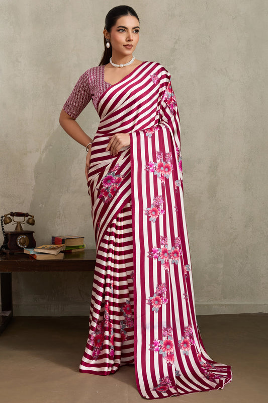 White and Magenta Stripe Print Satin Saree-SAR11875_1_SareeButa.com