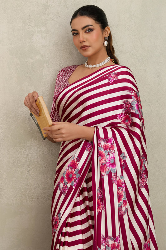 White and Magenta Stripe Print Satin Saree-SAR11875_2_SareeButa.com