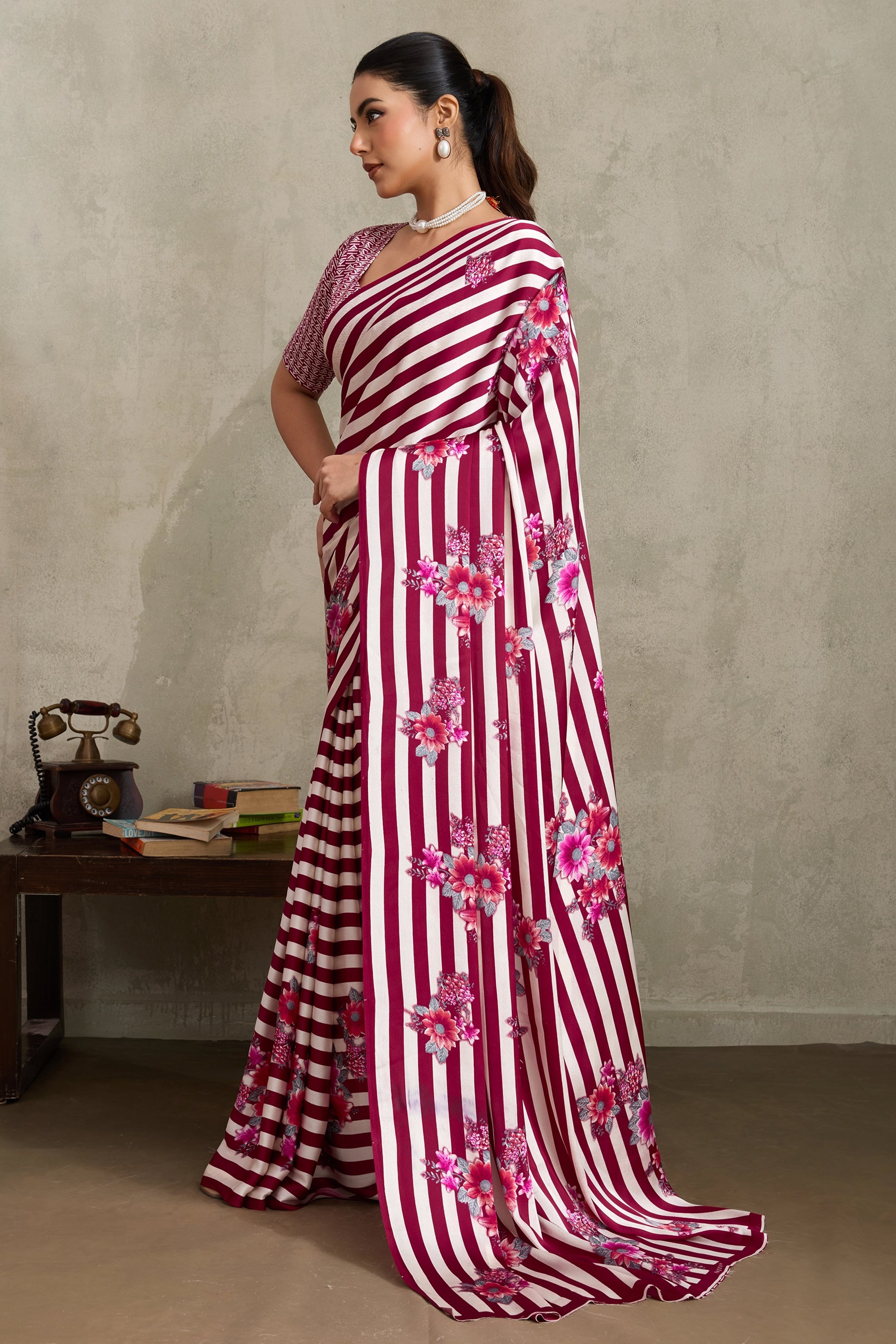 White and Magenta Stripe Print Satin Saree-SAR11875_4_SareeButa.com