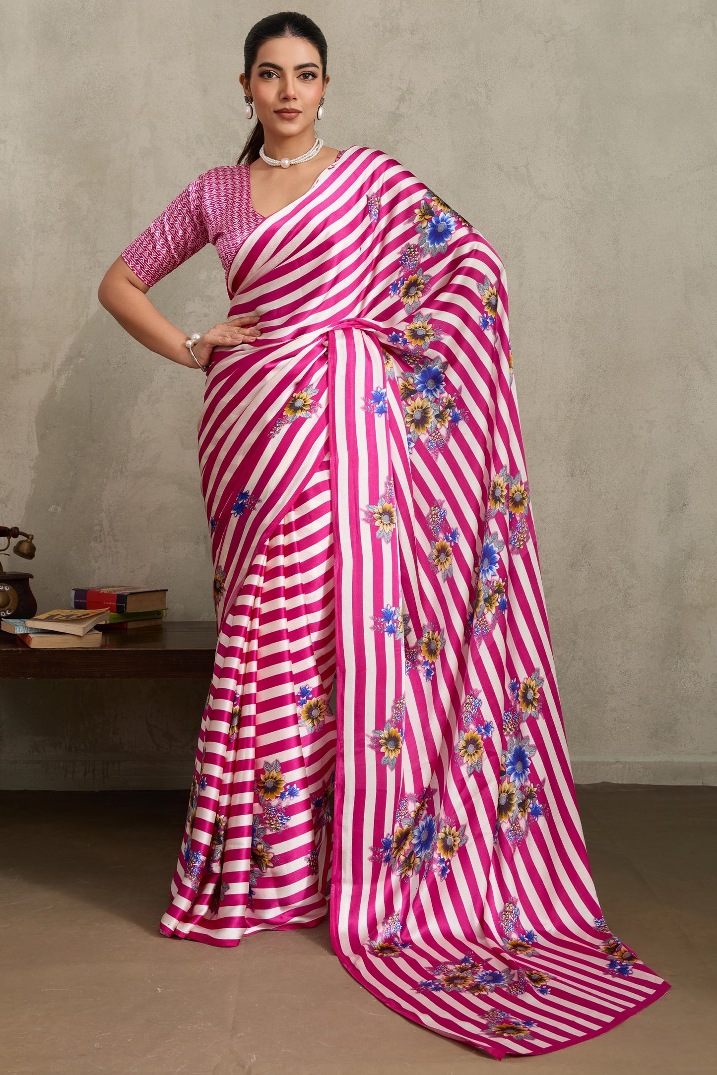 White and Pink Stripe Print Satin Saree-SAR11873_1_SareeButa.com