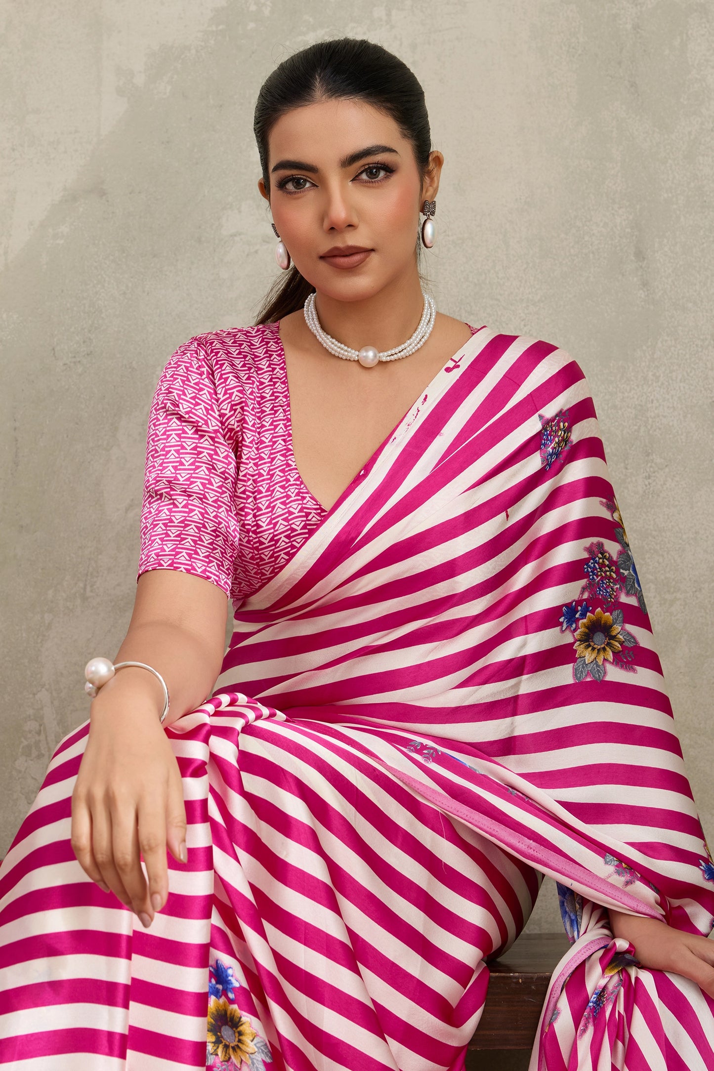 White and Pink Stripe Print Satin Saree-SAR11873_2_SareeButa.com