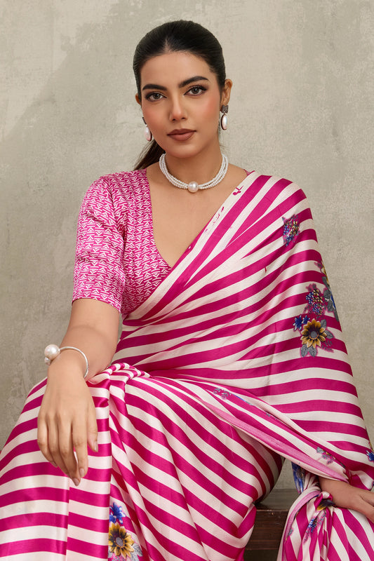 White and Pink Stripe Print Satin Saree-SAR11873_2_SareeButa.com