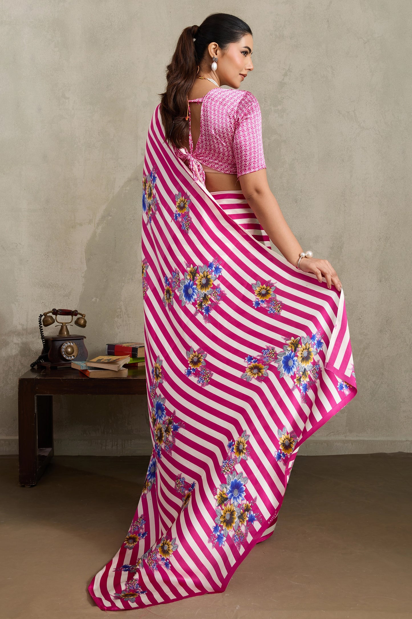 White and Pink Stripe Print Satin Saree-SAR11873_3_SareeButa.com