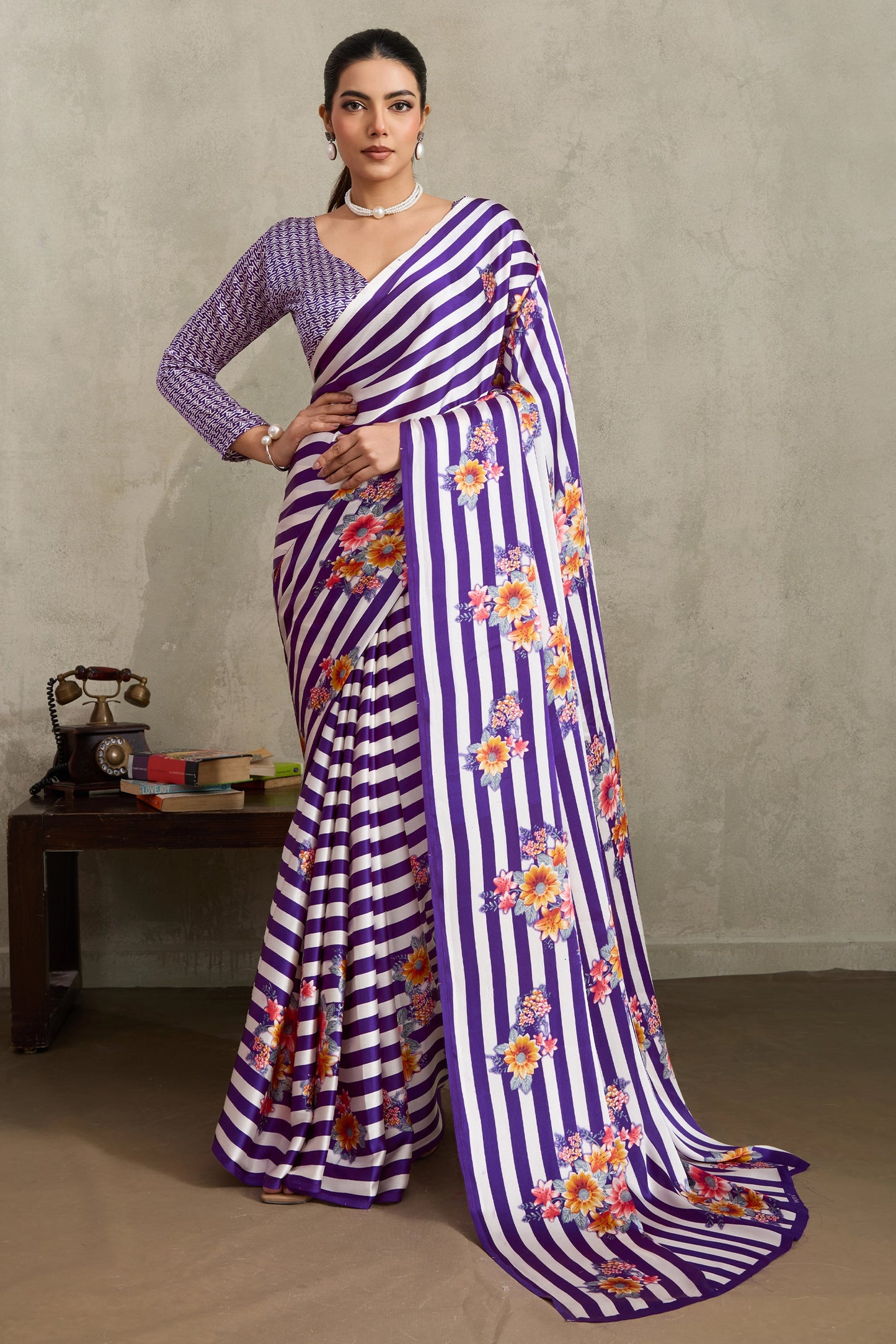 White and Purple Stripe Print Satin Saree-SAR11874_1_SareeButa.com