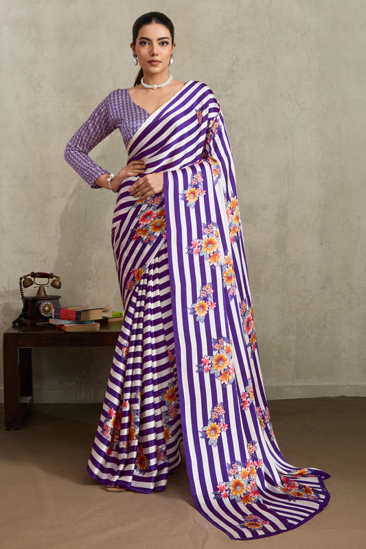 White and Purple Stripe Print Satin Saree-SAR11874_1_SareeButa.com