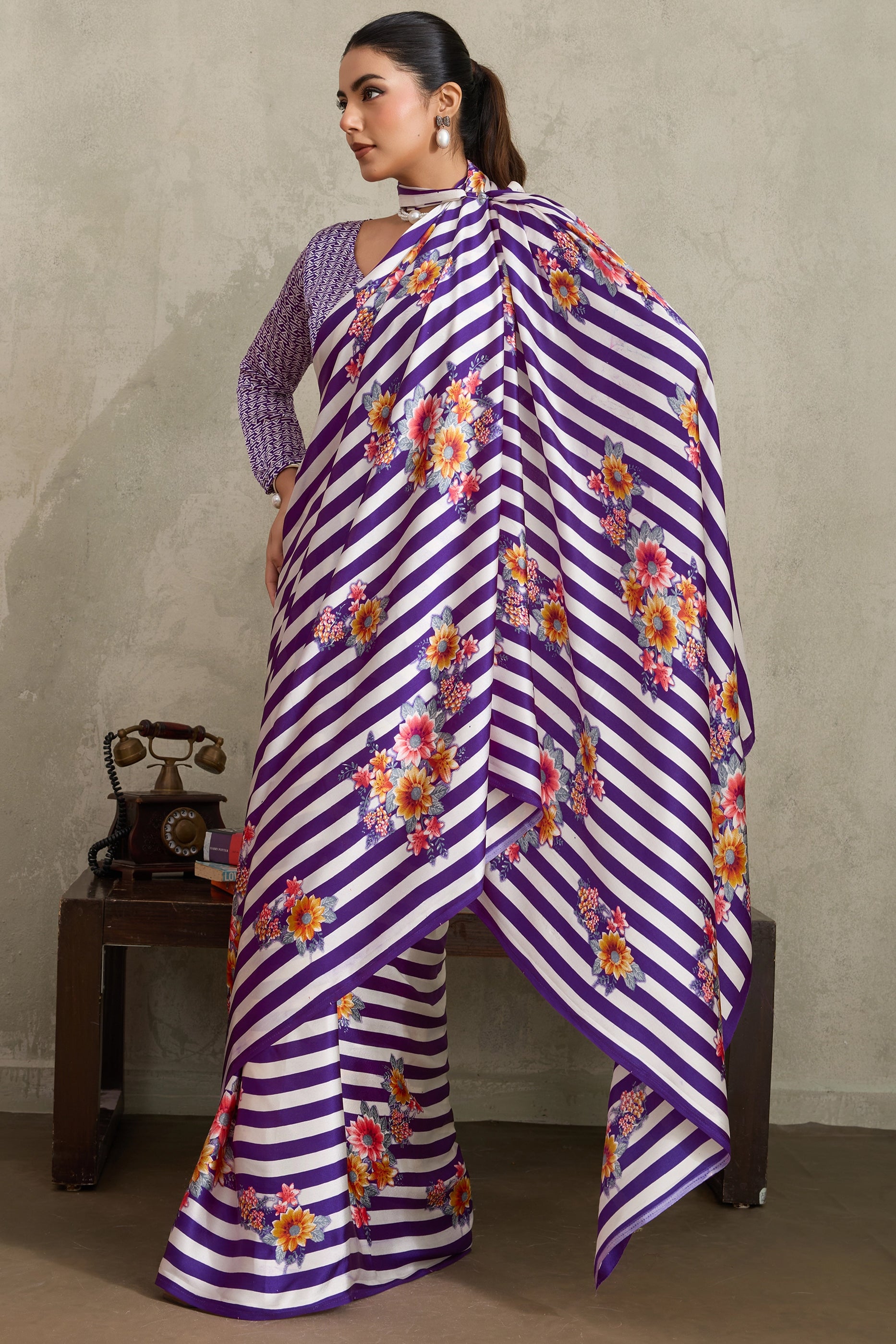 White and Purple Stripe Print Satin Saree-SAR11874_3_SareeButa.com
