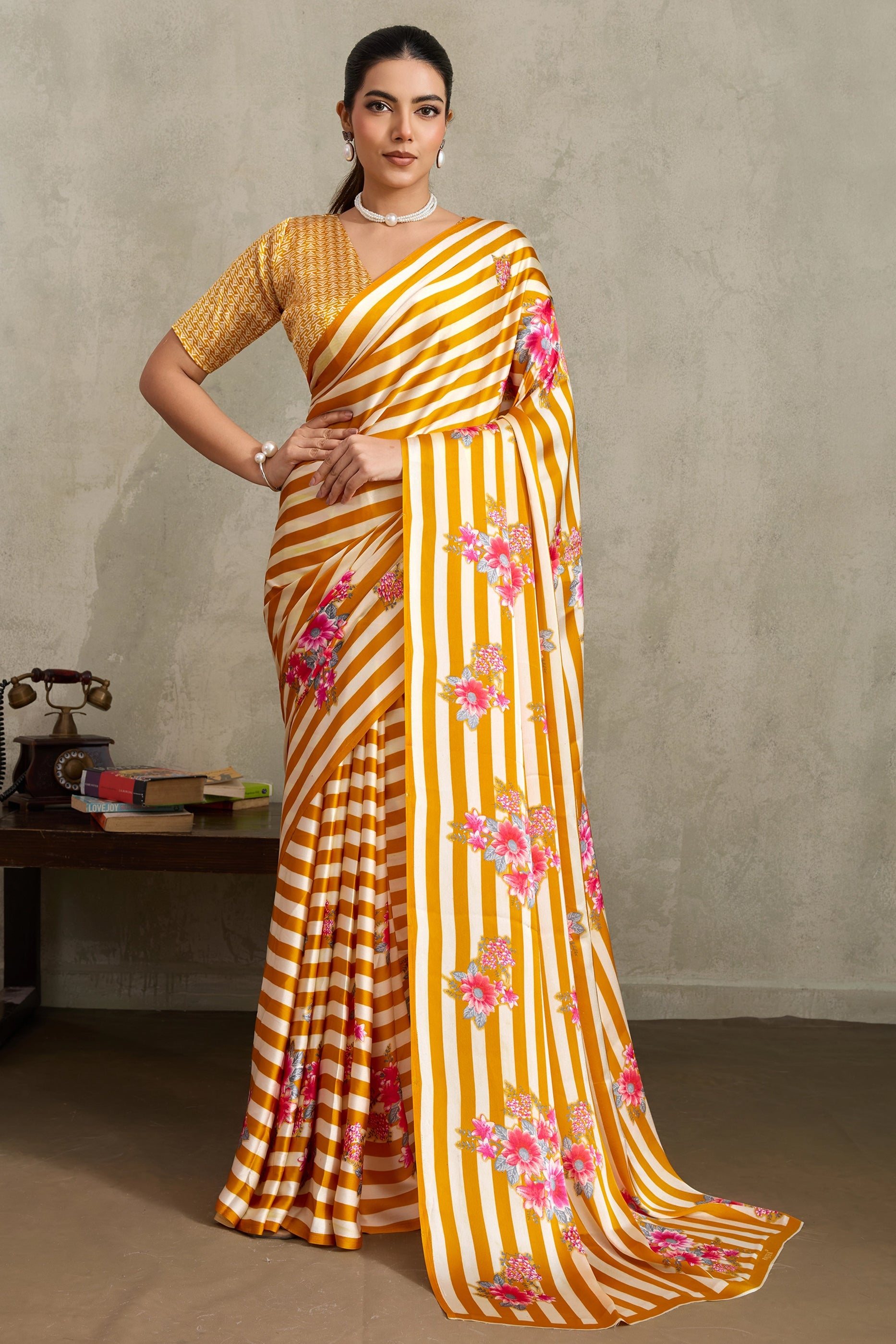 White and Yellow Stripe Print Satin Saree-SAR11877_1_SareeButa.com