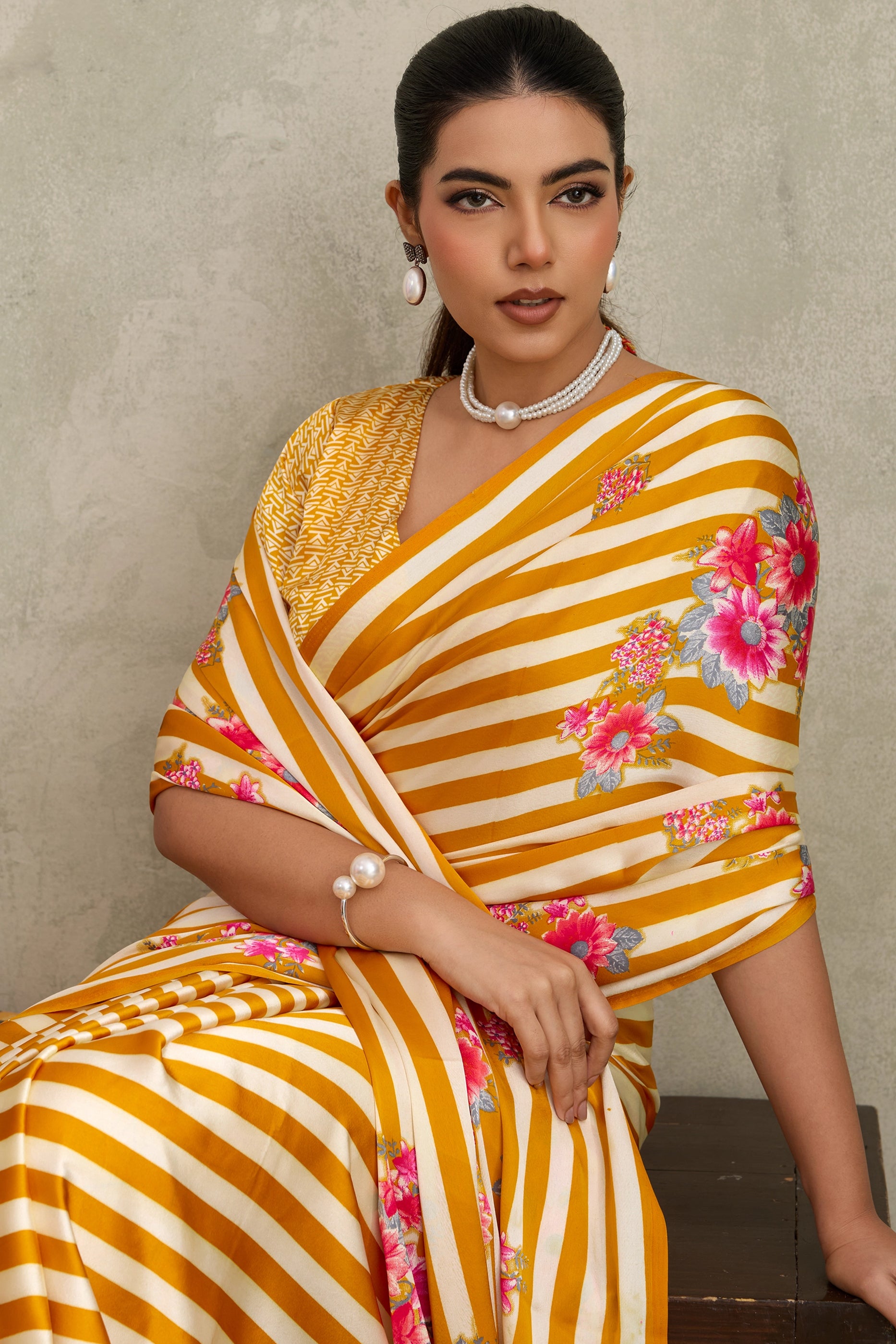 White and Yellow Stripe Print Satin Saree-SAR11877_2_SareeButa.com