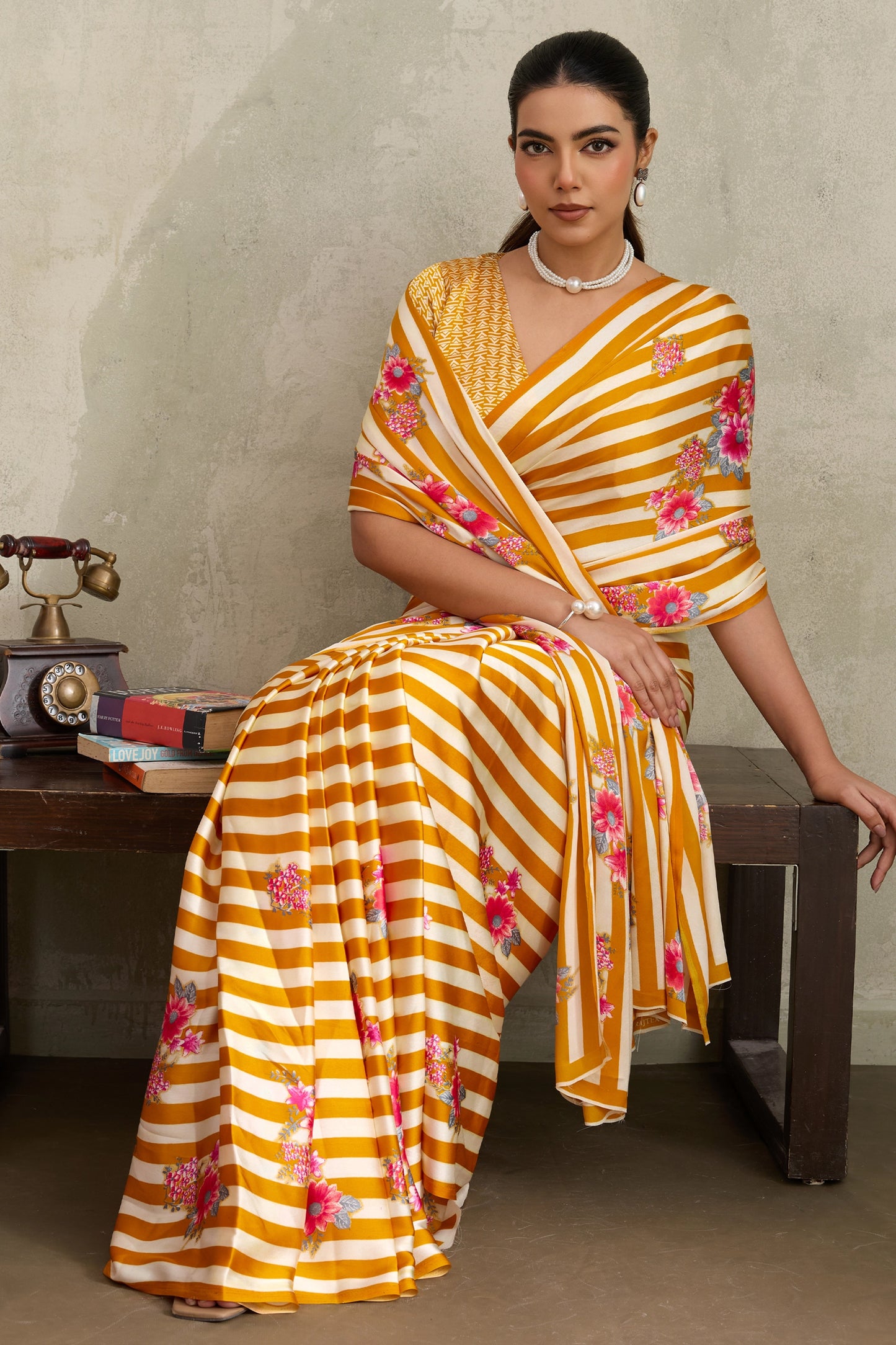 White and Yellow Stripe Print Satin Saree-SAR11877_3_SareeButa.com