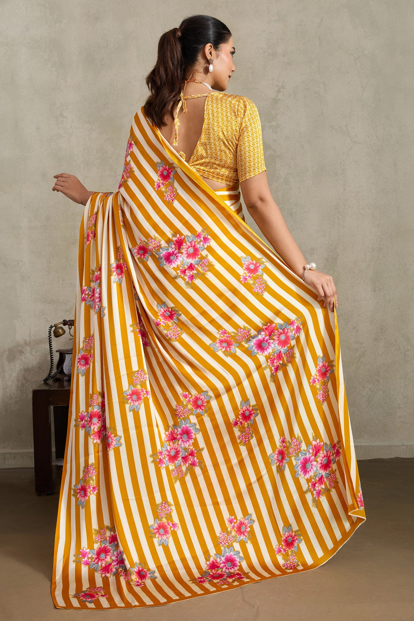 White and Yellow Stripe Print Satin Saree-SAR11877_4_SareeButa.com