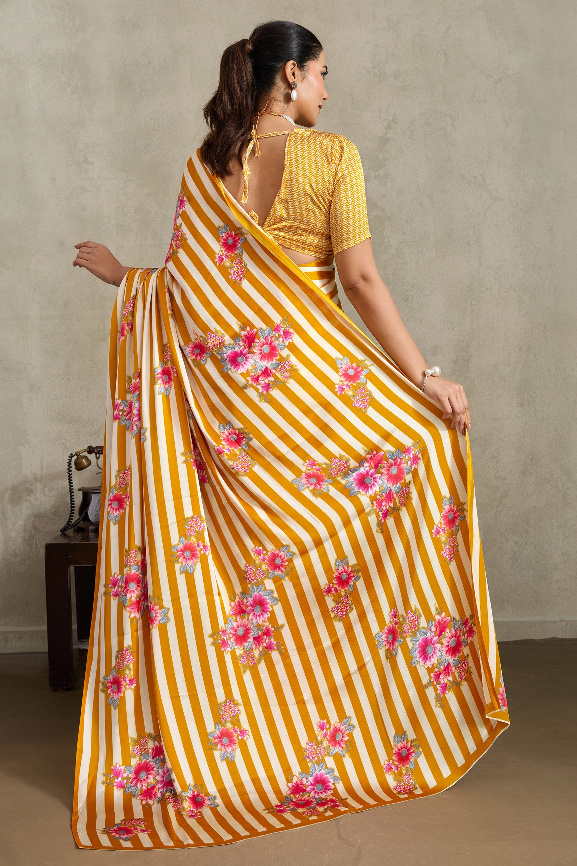 White and Yellow Stripe Print Satin Saree-SAR11877_4_SareeButa.com