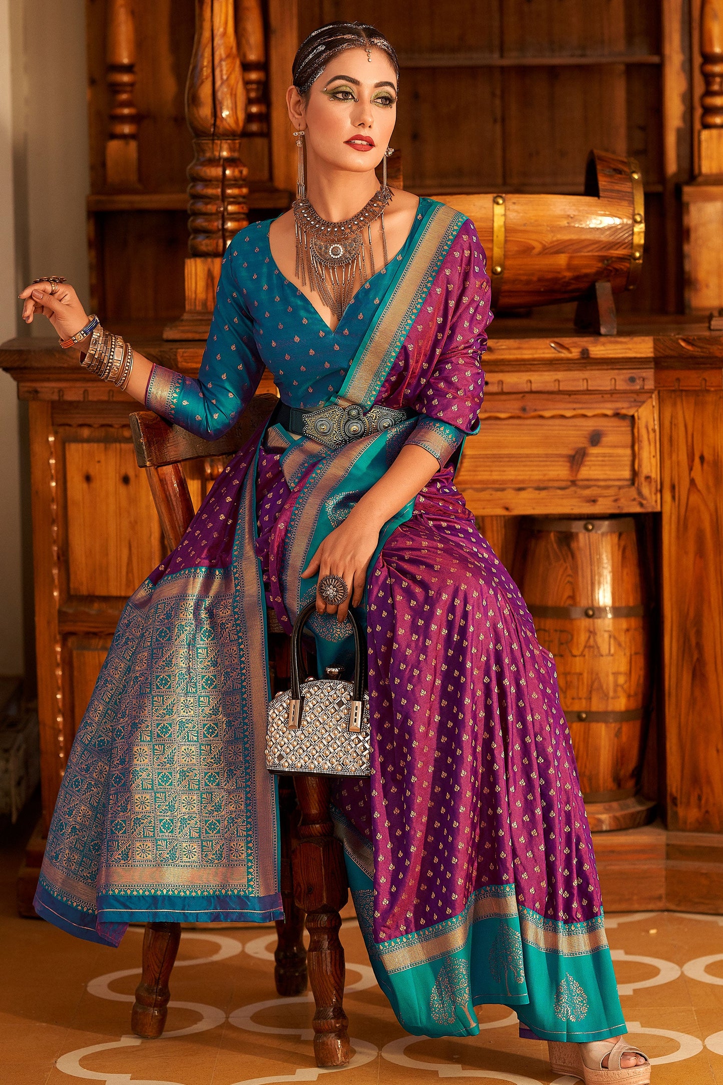 Wine Banarasi Silk Saree-ZB133018_2_SareeButa.com