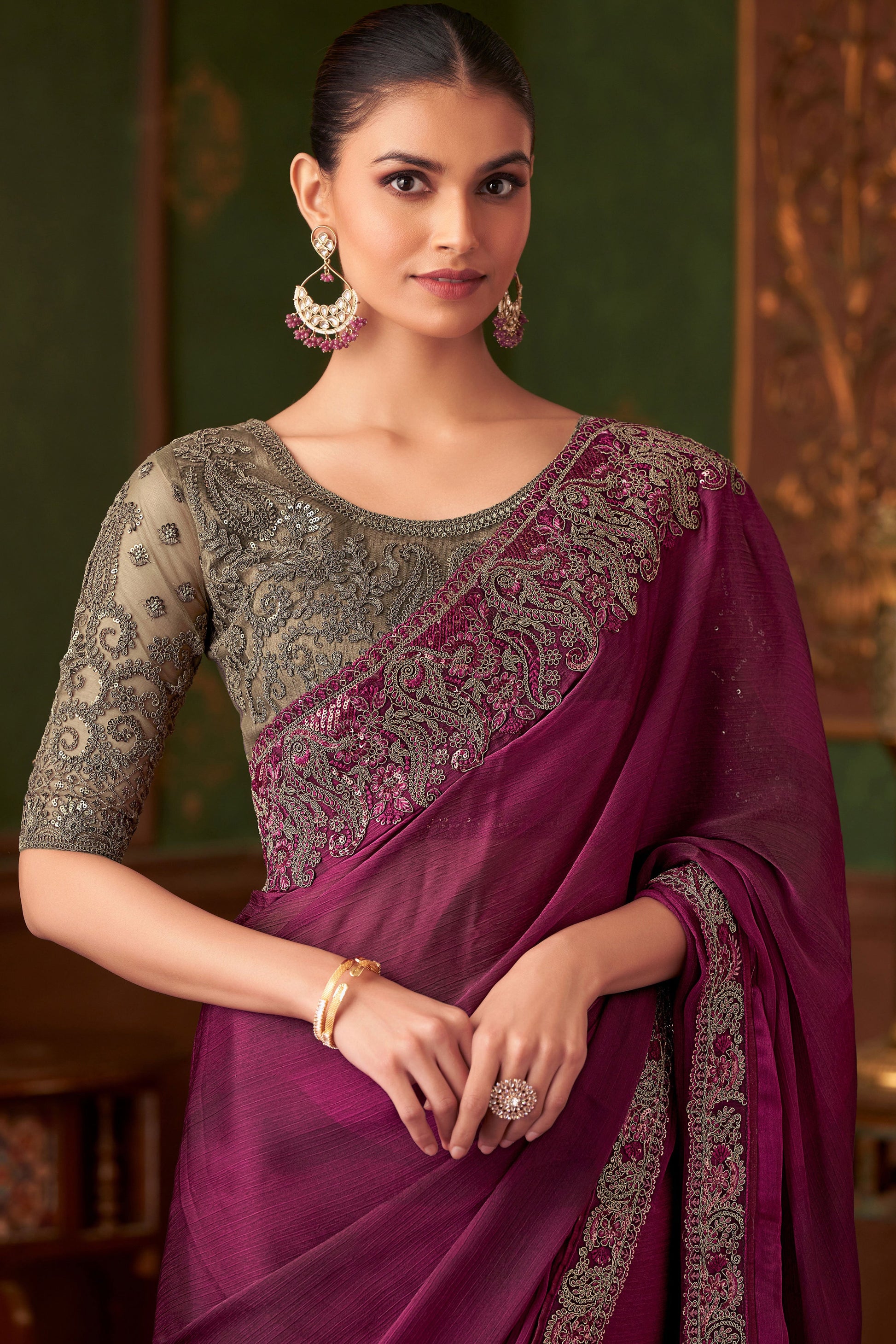 Wine Embroidered Chiffon Silk Saree-ZB133570_2_SareeButa.com