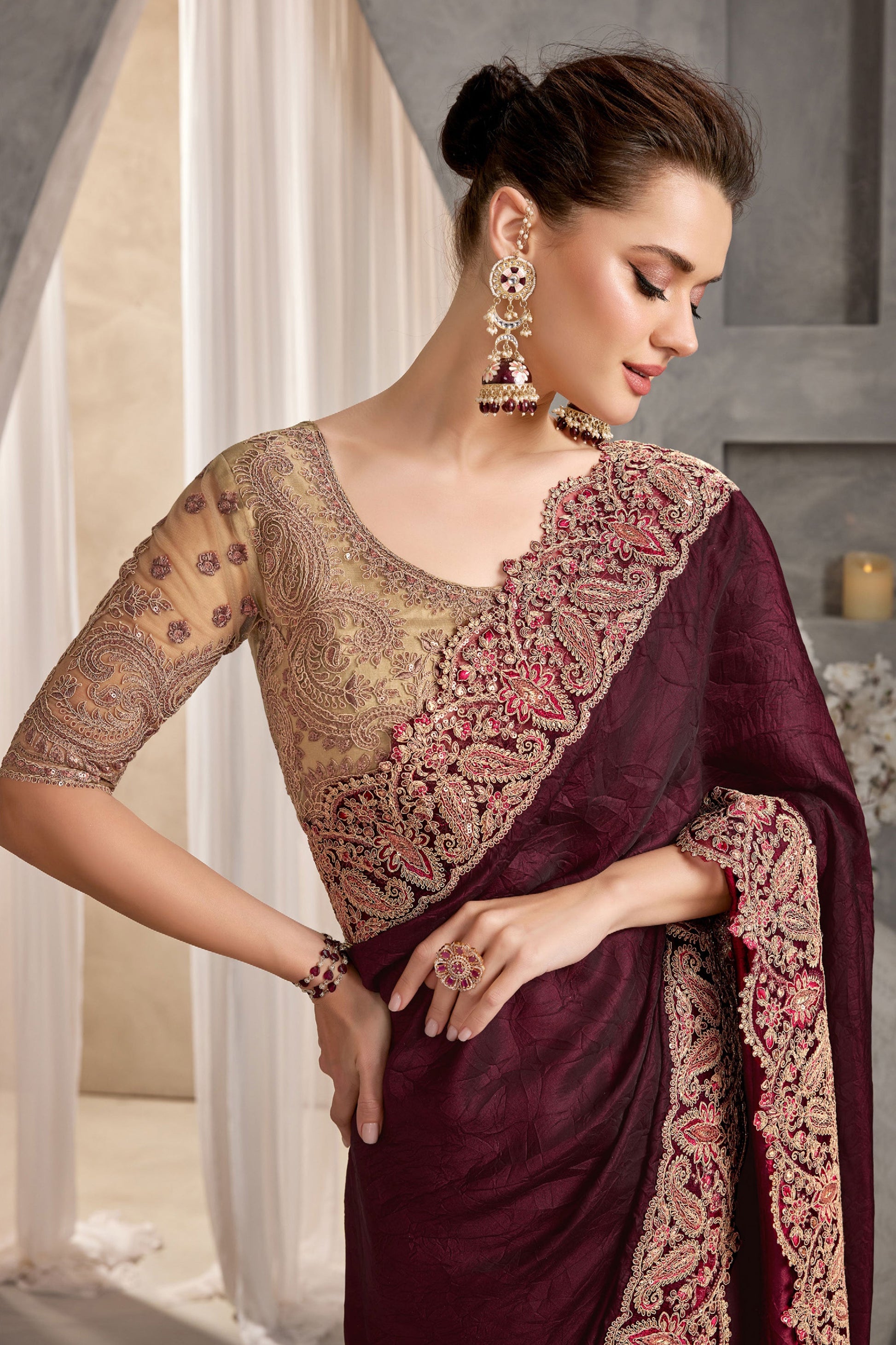 Wine Embroidered Crush Silk Saree-ZB134241_2_SareeButa.com