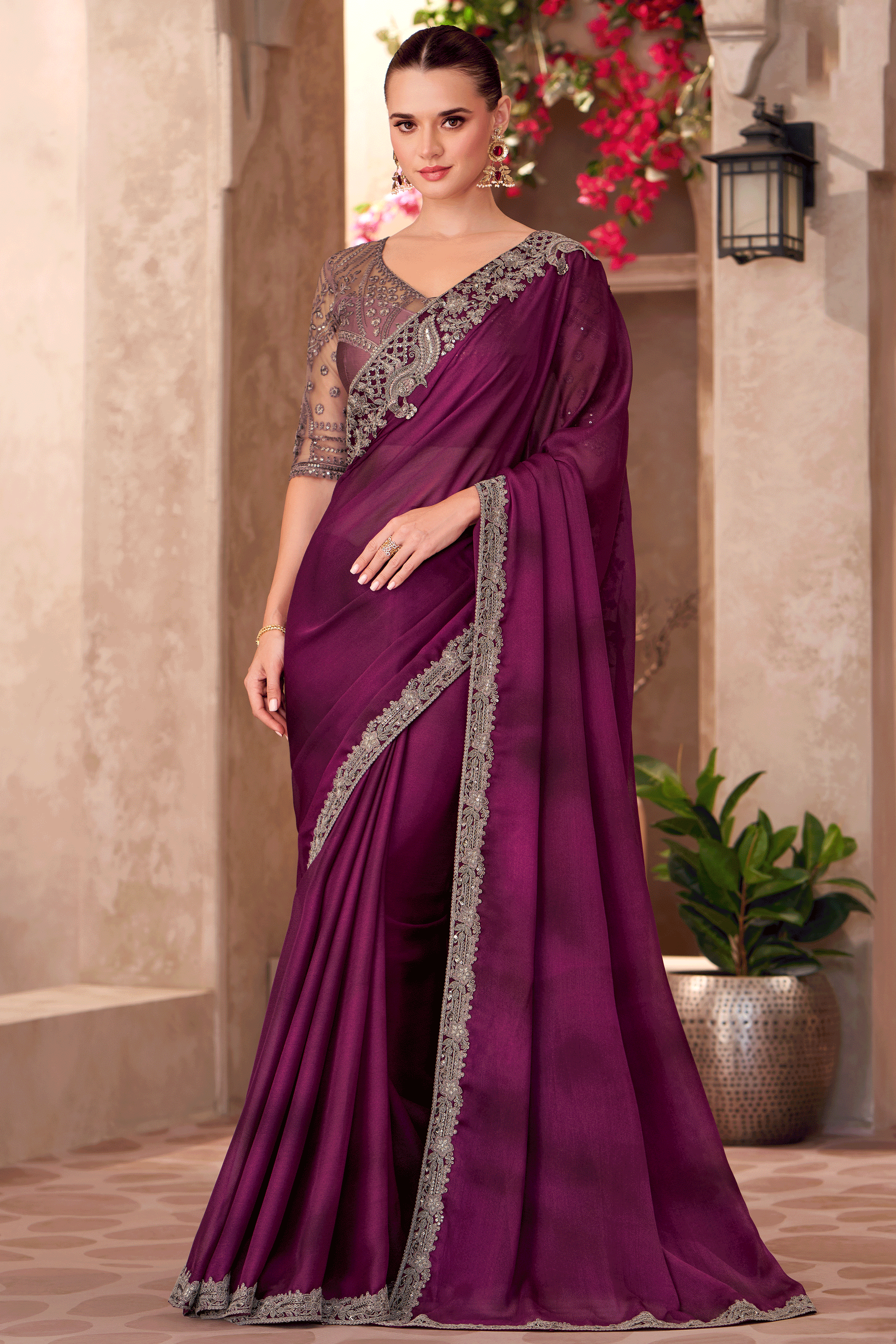 Wine Embroidered Satin Chiffon Saree-ZB134917_1_SareeButa.com