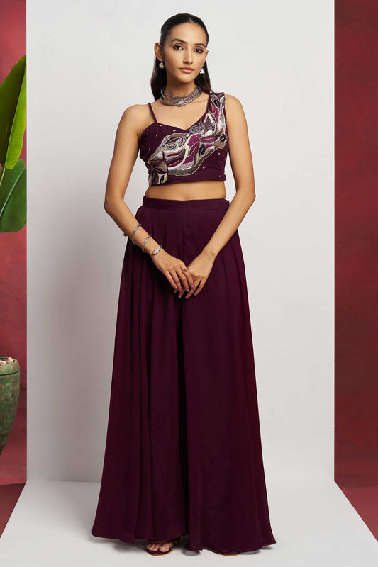 Wine Georgette Crop Top and Sharara Set-SS476_1_SareeButa.com