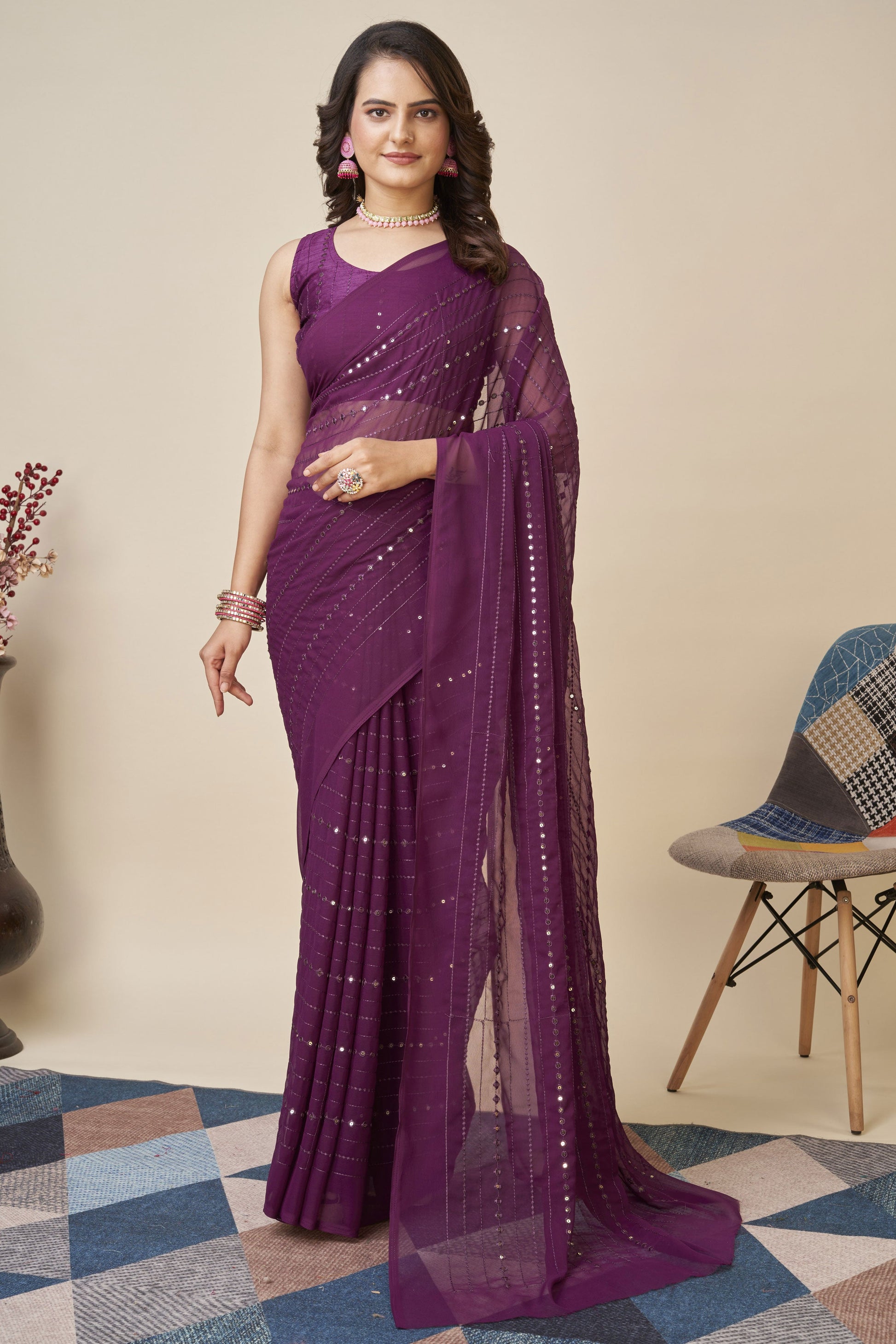 Wine Georgette Saree-ZB130573_1