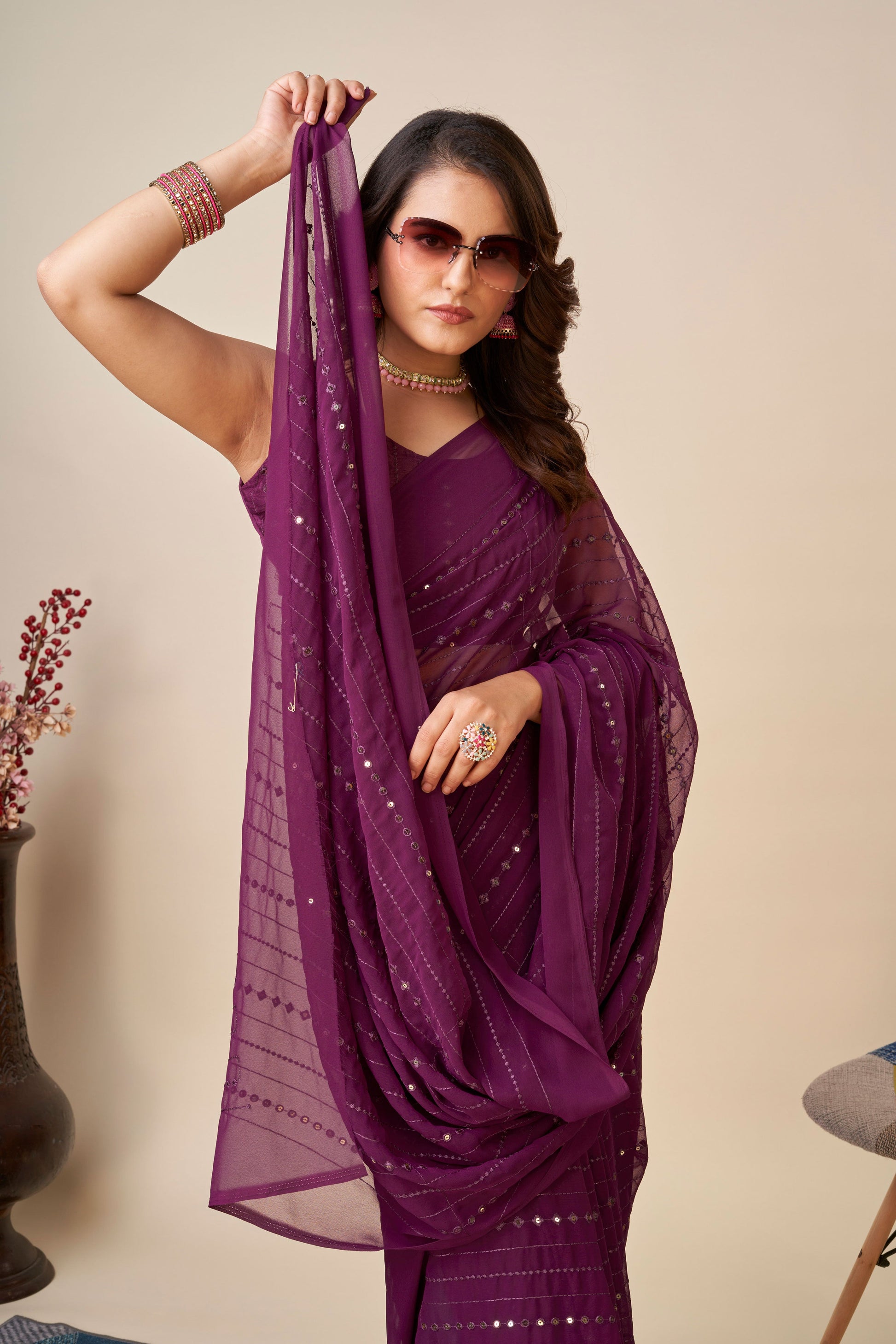 Wine Georgette Saree-ZB130573_2