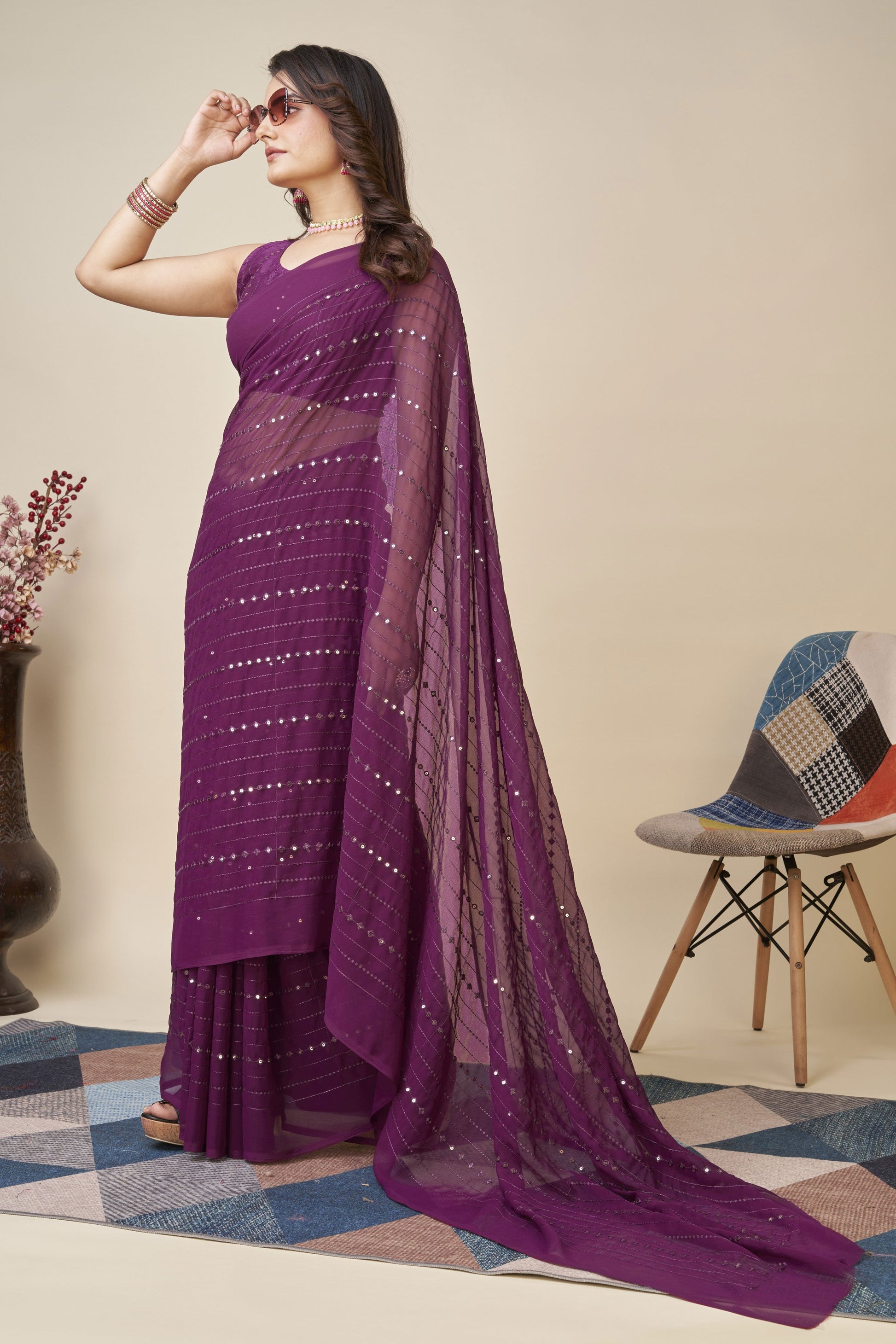 Wine Georgette Saree-ZB130573_3