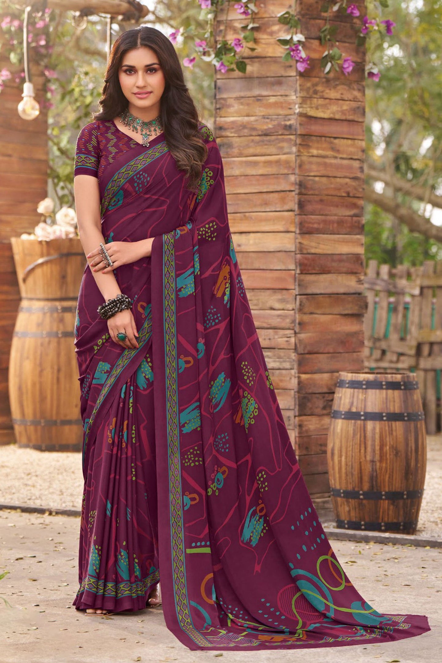 Wine Printed Crepe Saree-ZB130901_1