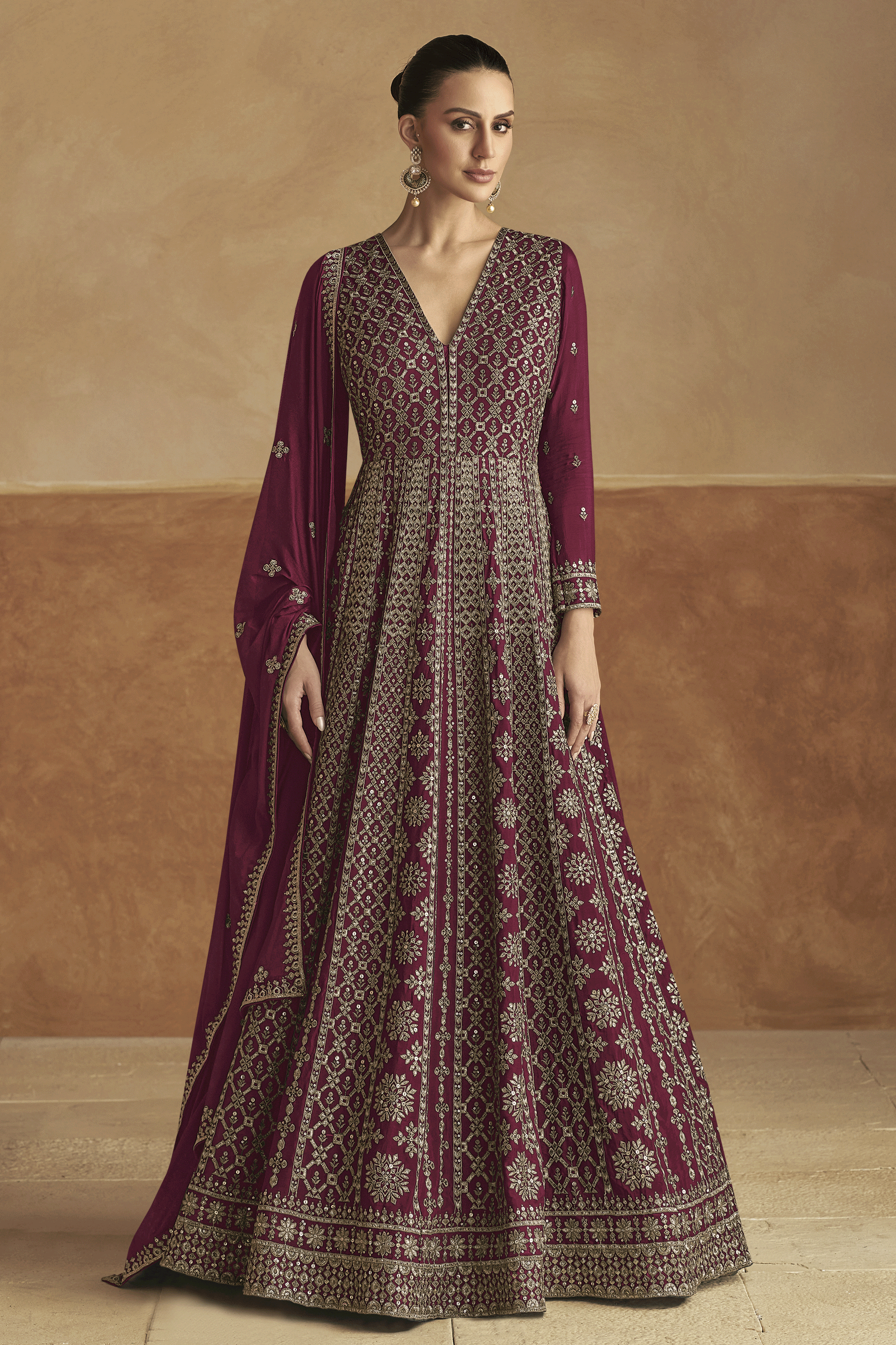 Wine Readymade Chinon Gown with Dupatta-SS432_1_SareeButa.com