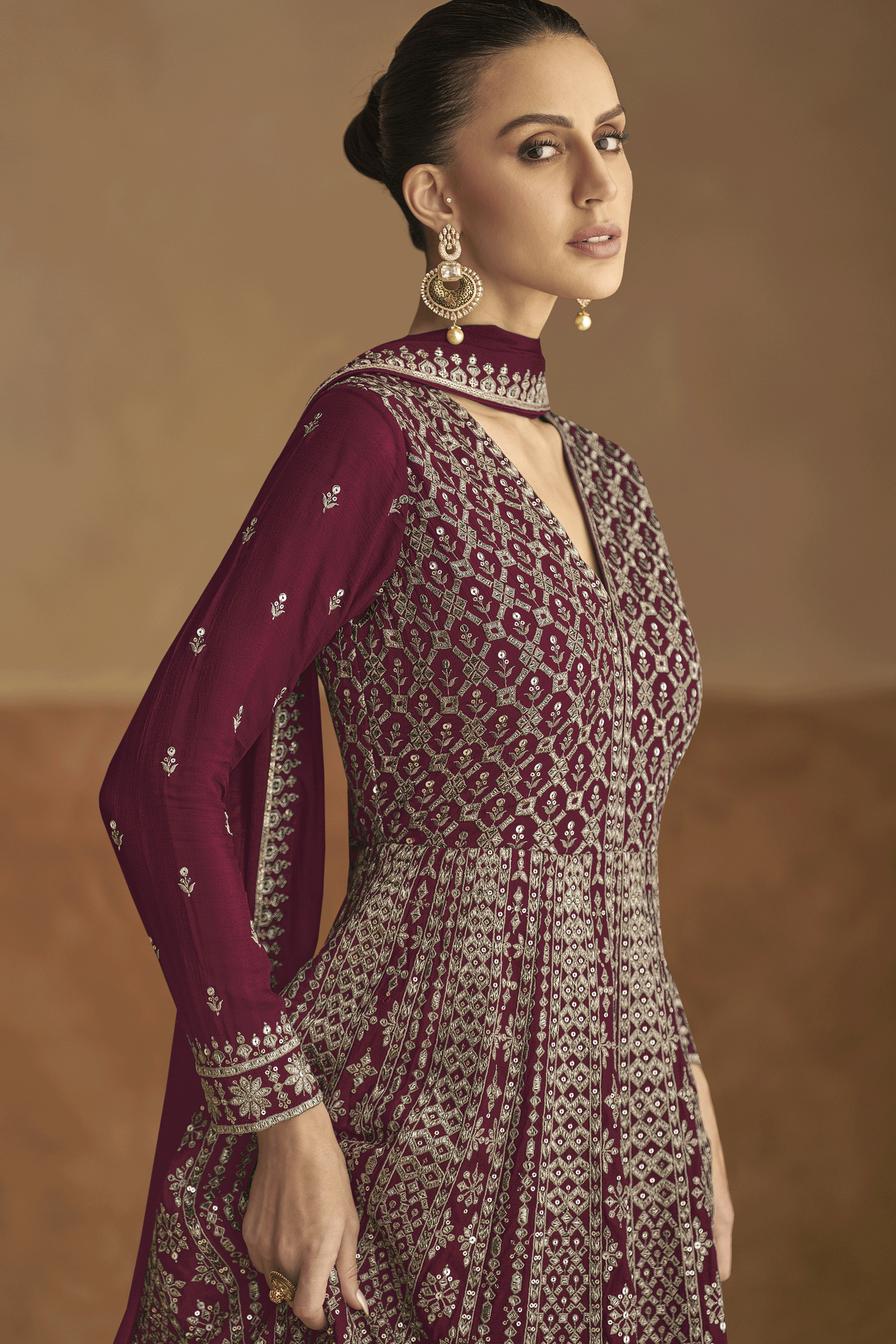 Wine Readymade Chinon Gown with Dupatta-SS432_2_SareeButa.com