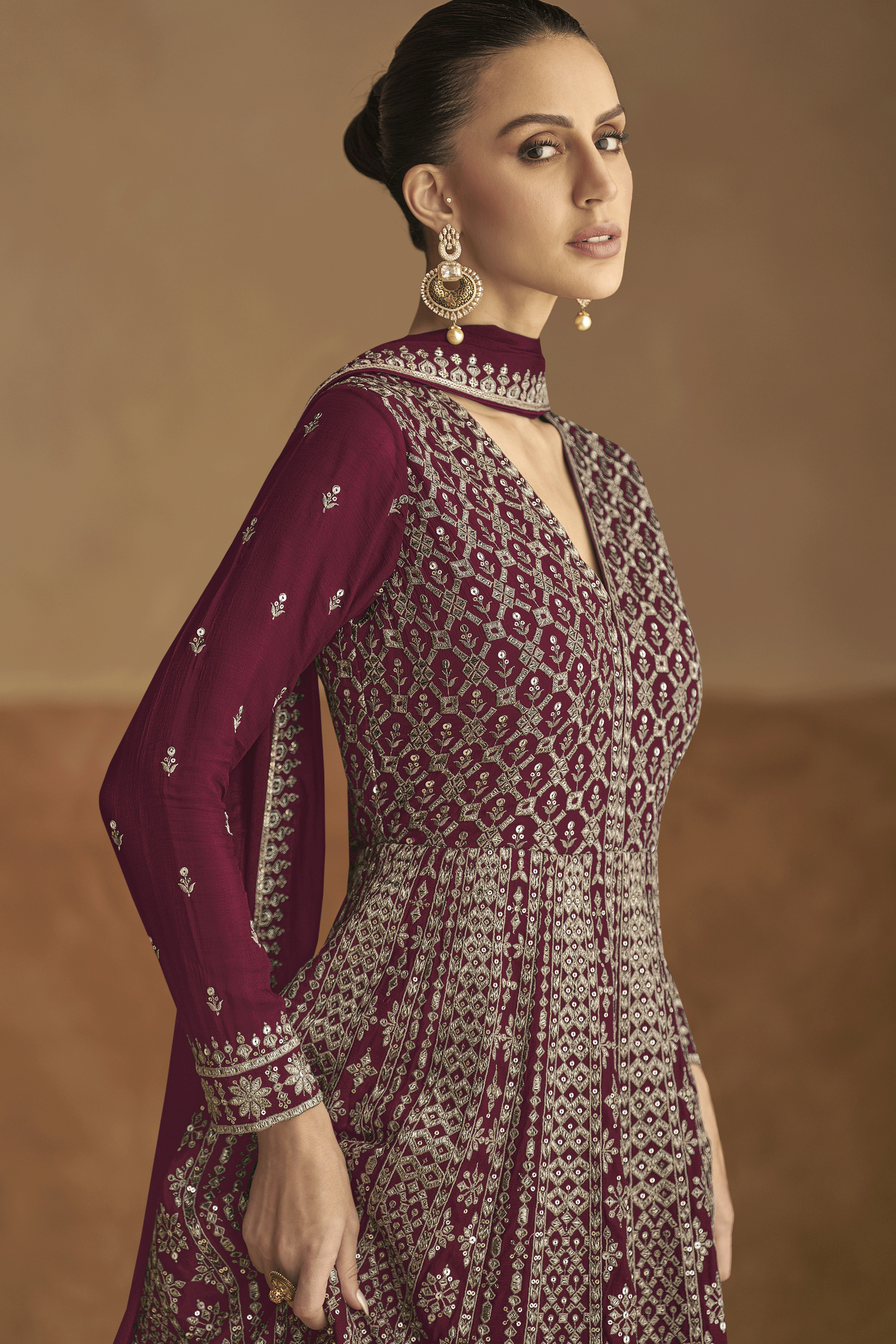 Wine Readymade Chinon Gown with Dupatta-SS432_2_SareeButa.com
