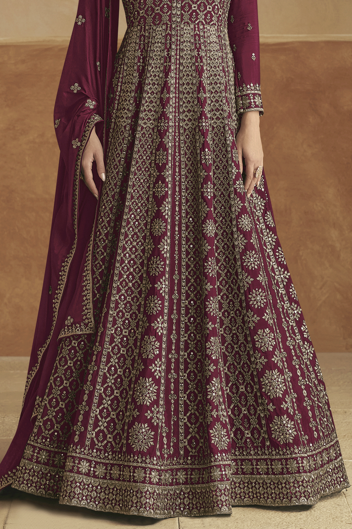 Wine Readymade Chinon Gown with Dupatta-SS432_3_SareeButa.com