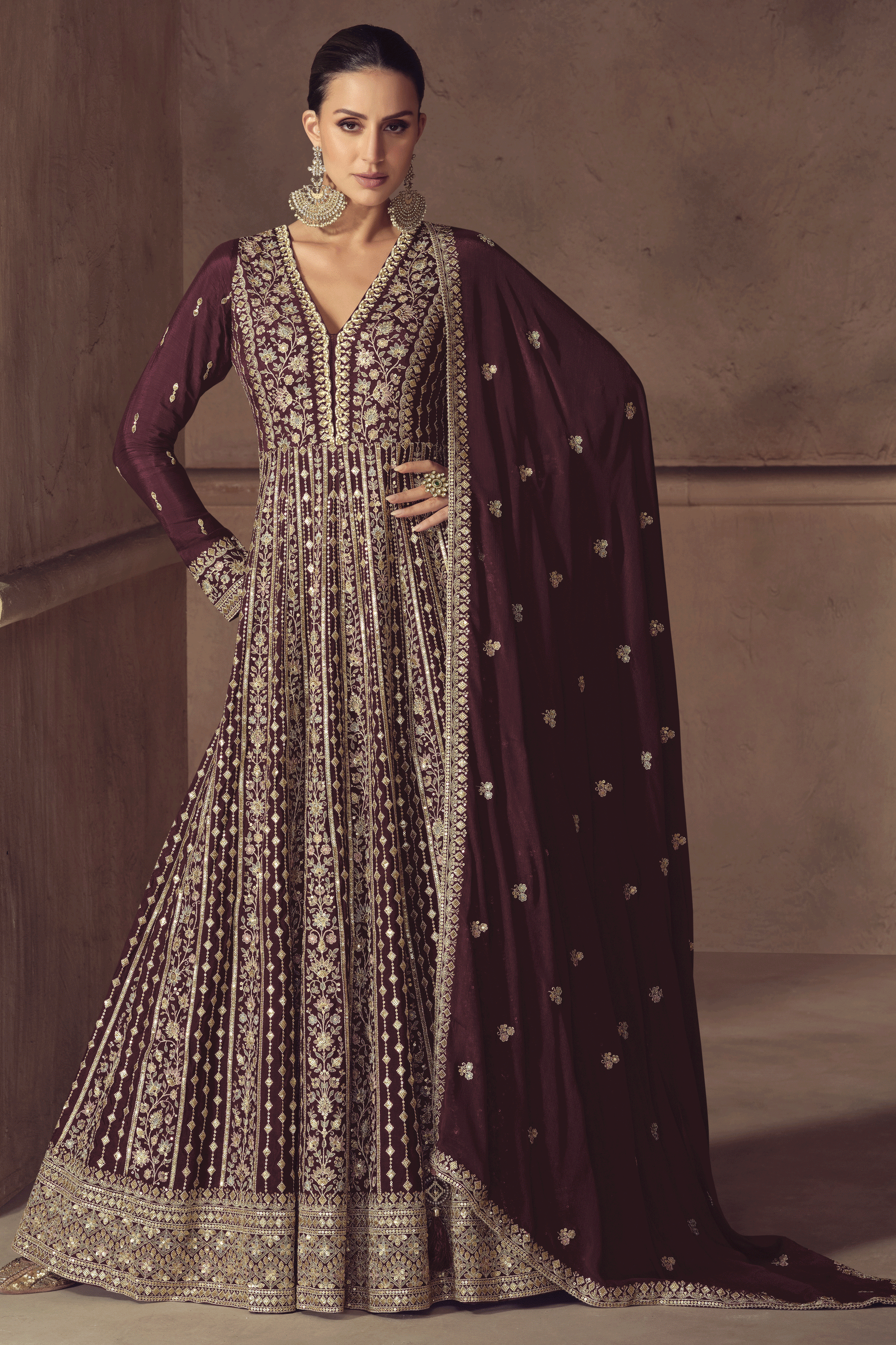 Wine Readymade Chinon Gown with Dupatta-SS811_1_SareeButa.com