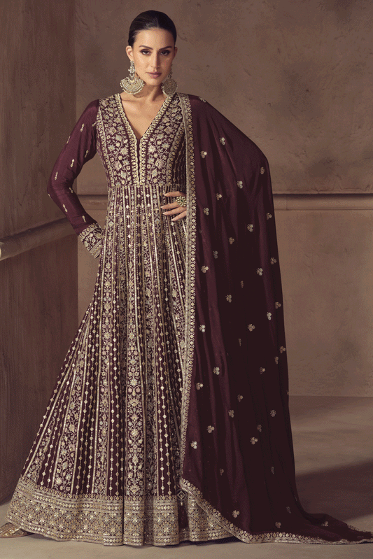 Wine Readymade Chinon Gown with Dupatta-SS811_1_SareeButa.com