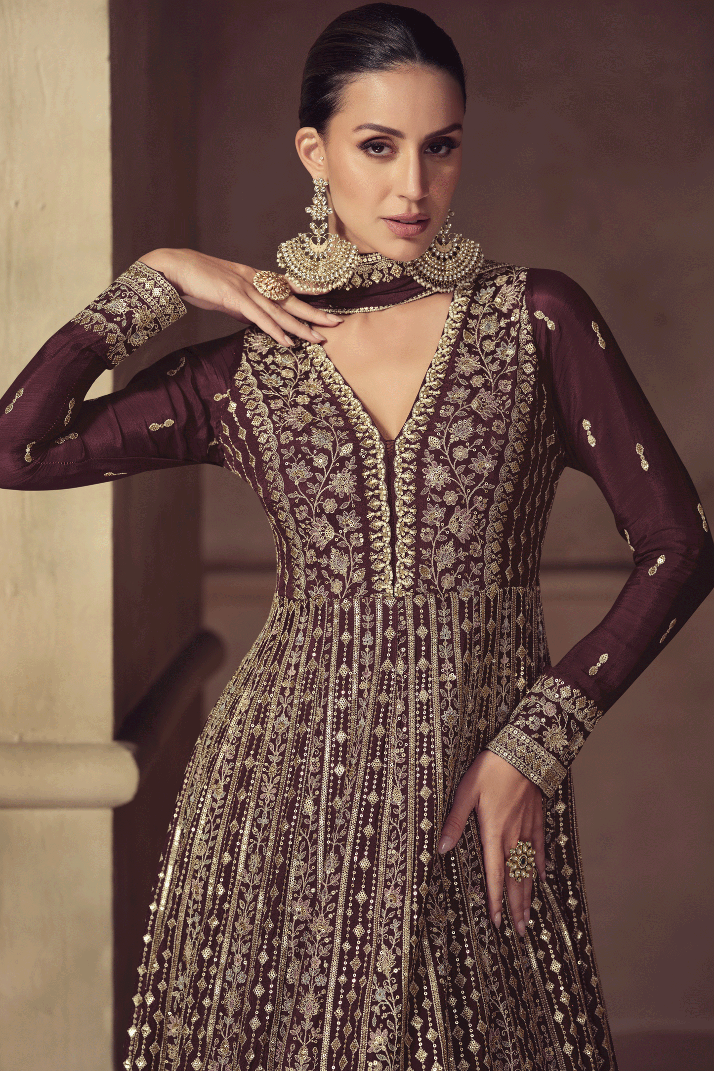 Wine Readymade Chinon Gown with Dupatta-SS811_2_SareeButa.com