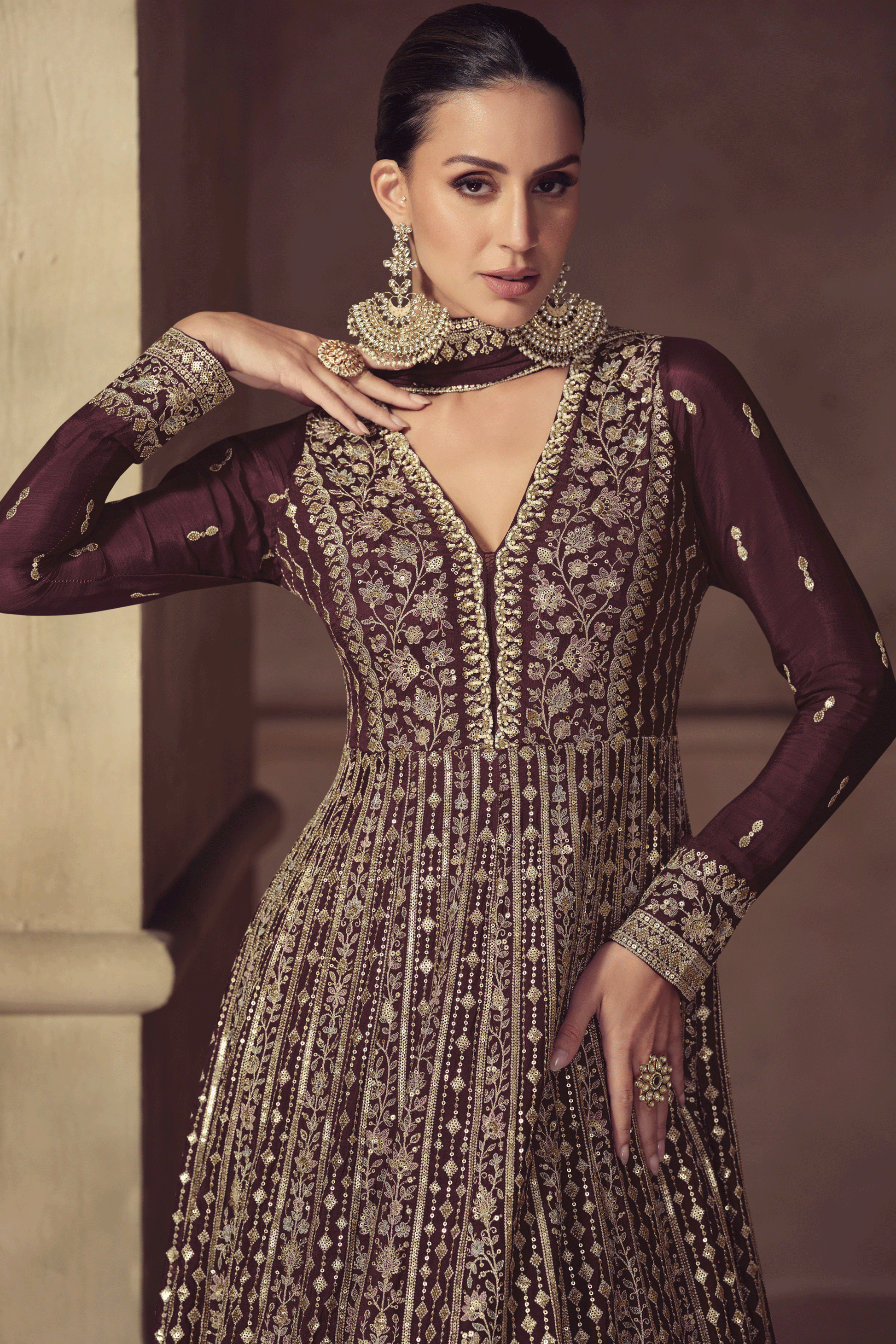 Wine Readymade Chinon Gown with Dupatta-SS811_2_SareeButa.com