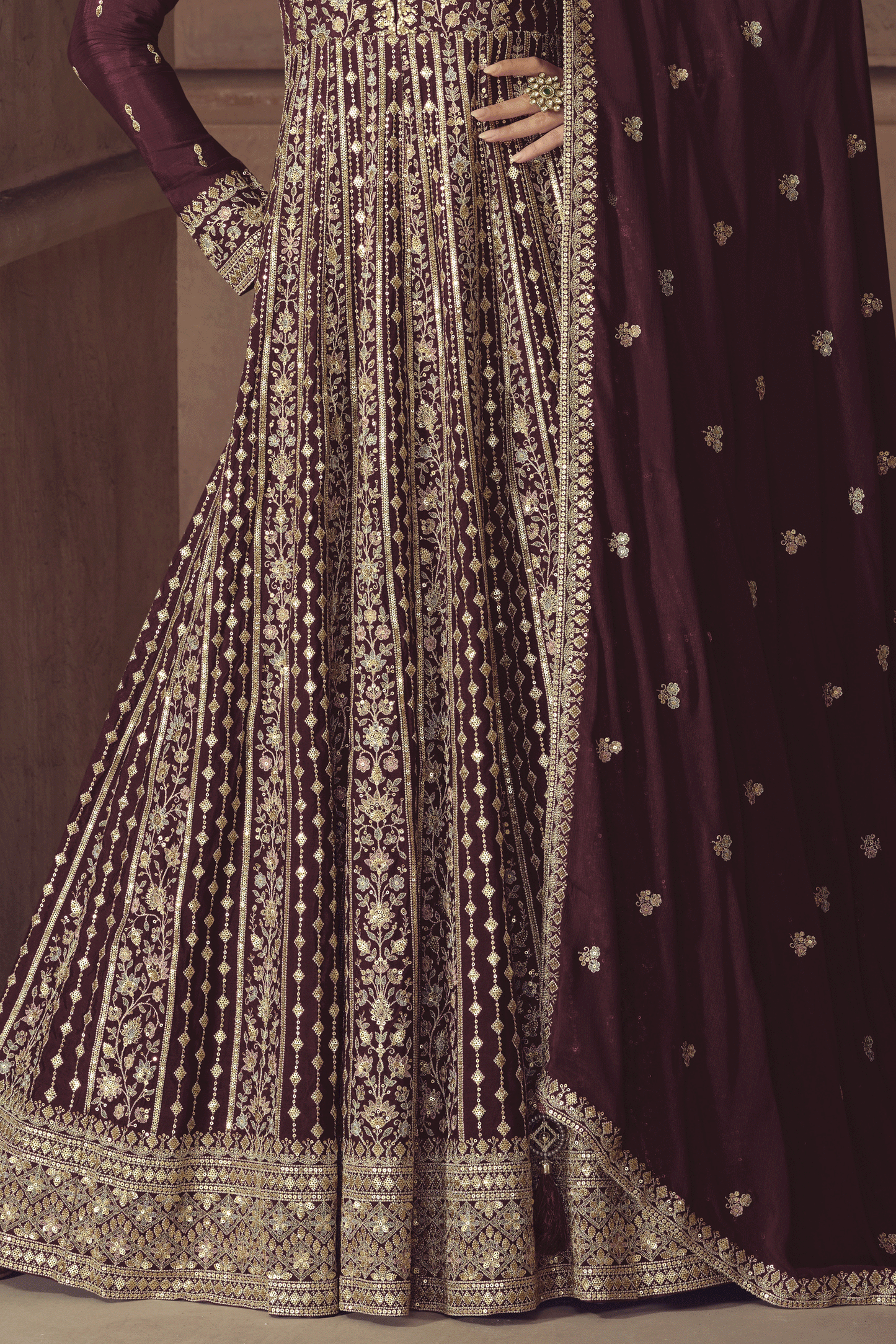 Wine Readymade Chinon Gown with Dupatta-SS811_3_SareeButa.com