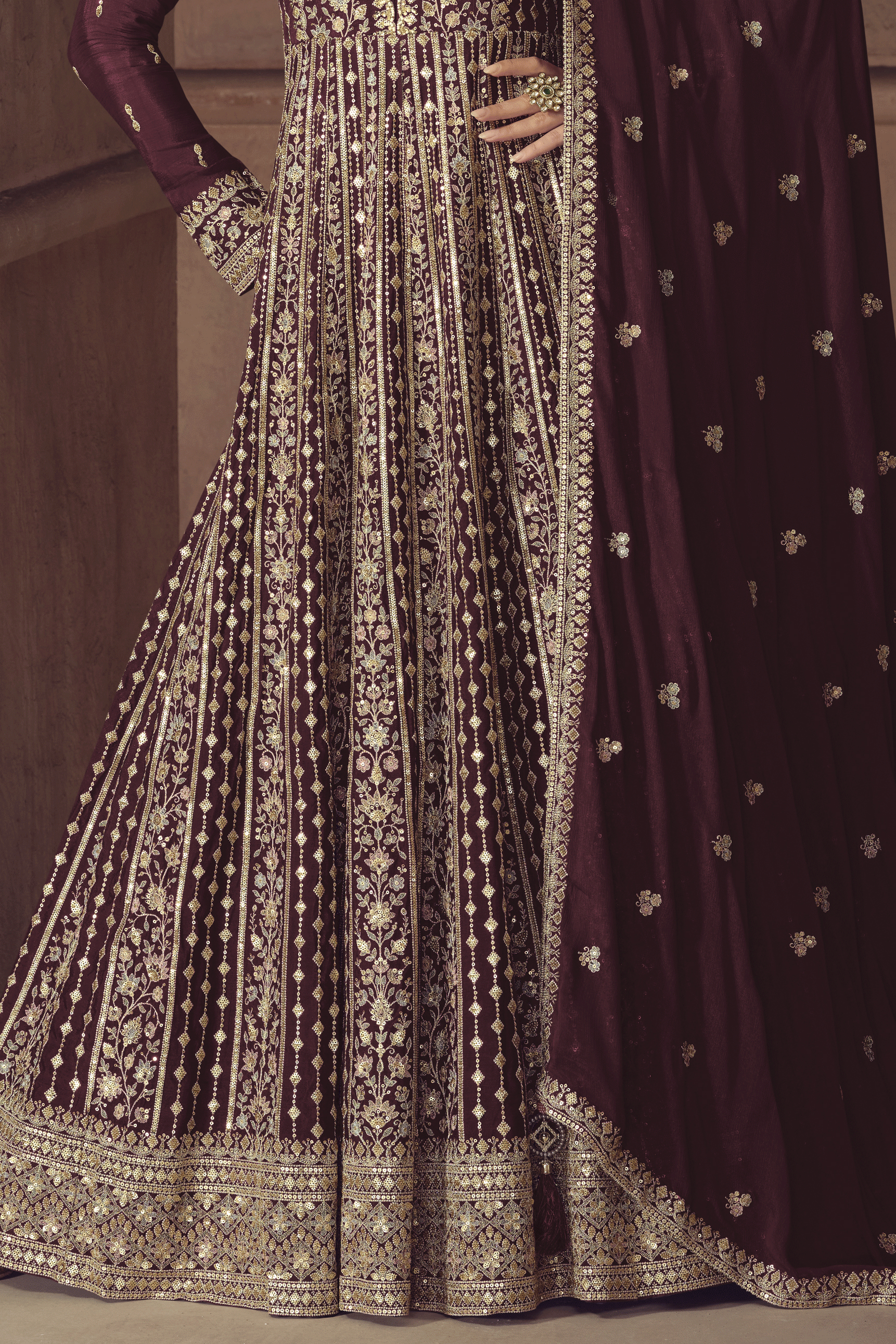 Wine Readymade Chinon Gown with Dupatta-SS811_3_SareeButa.com