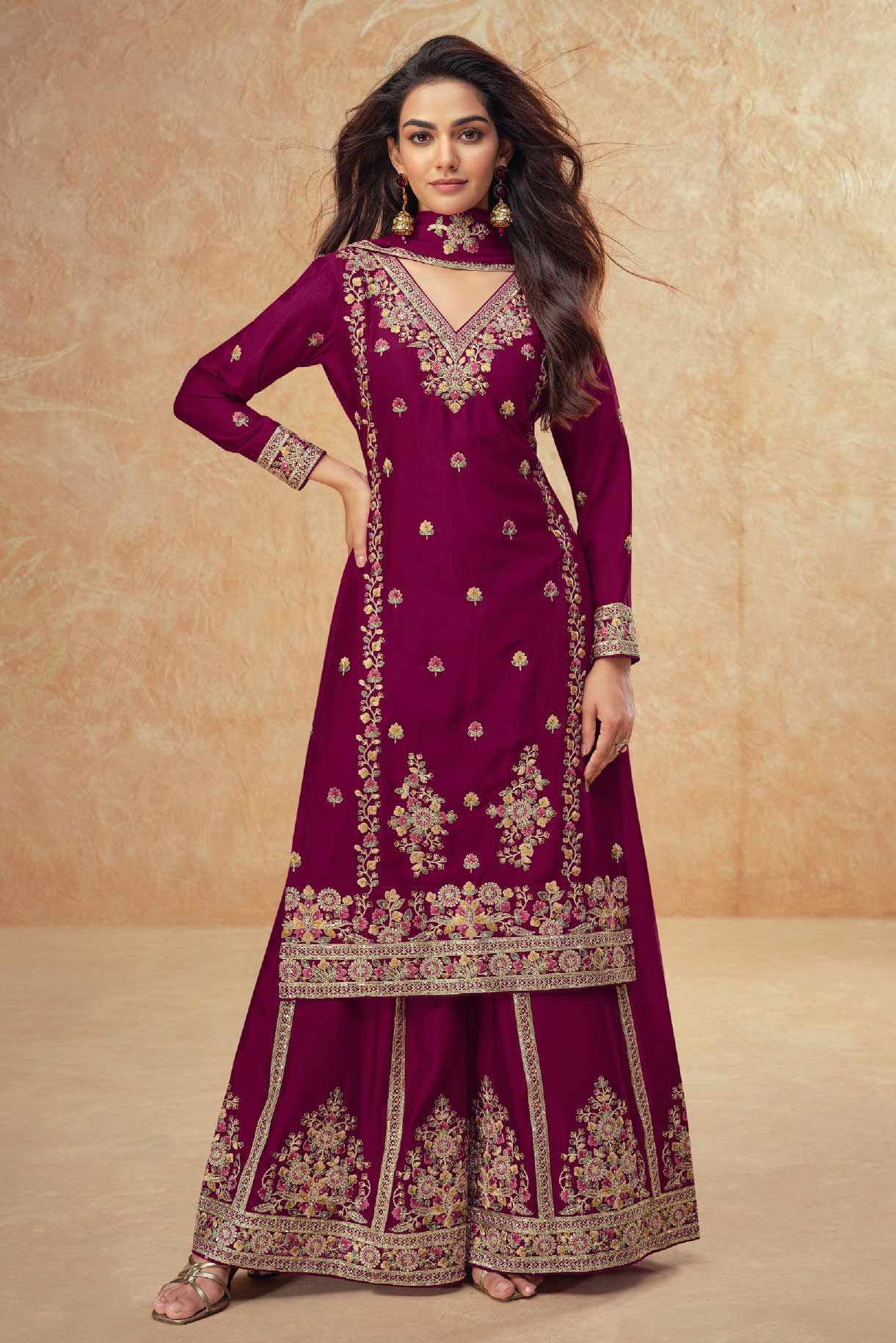 Wine Readymade Chinon Silk Suit-SS323_1_SareeButa.com