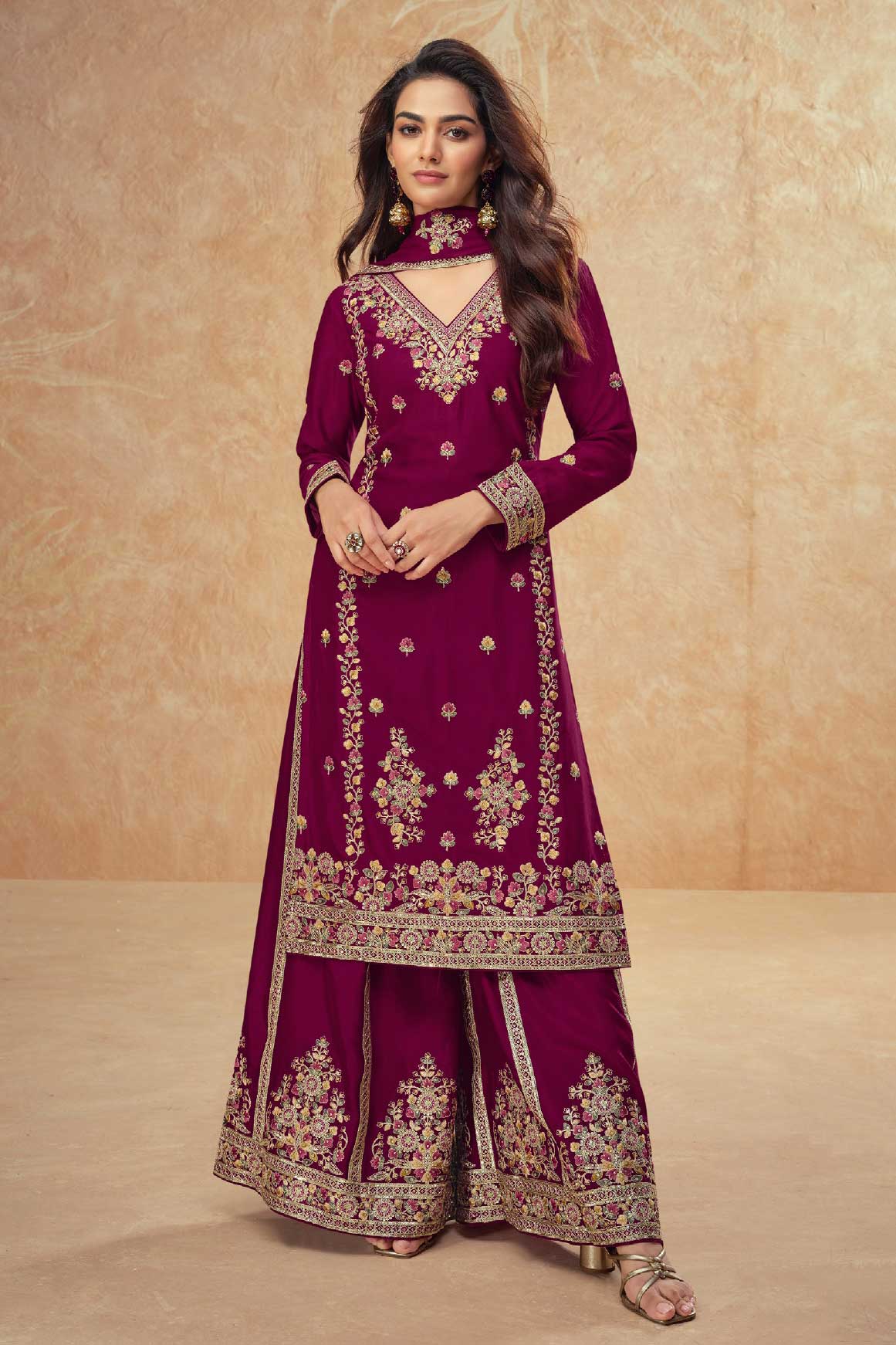 Wine Readymade Chinon Silk Suit-SS323_4_SareeButa.com