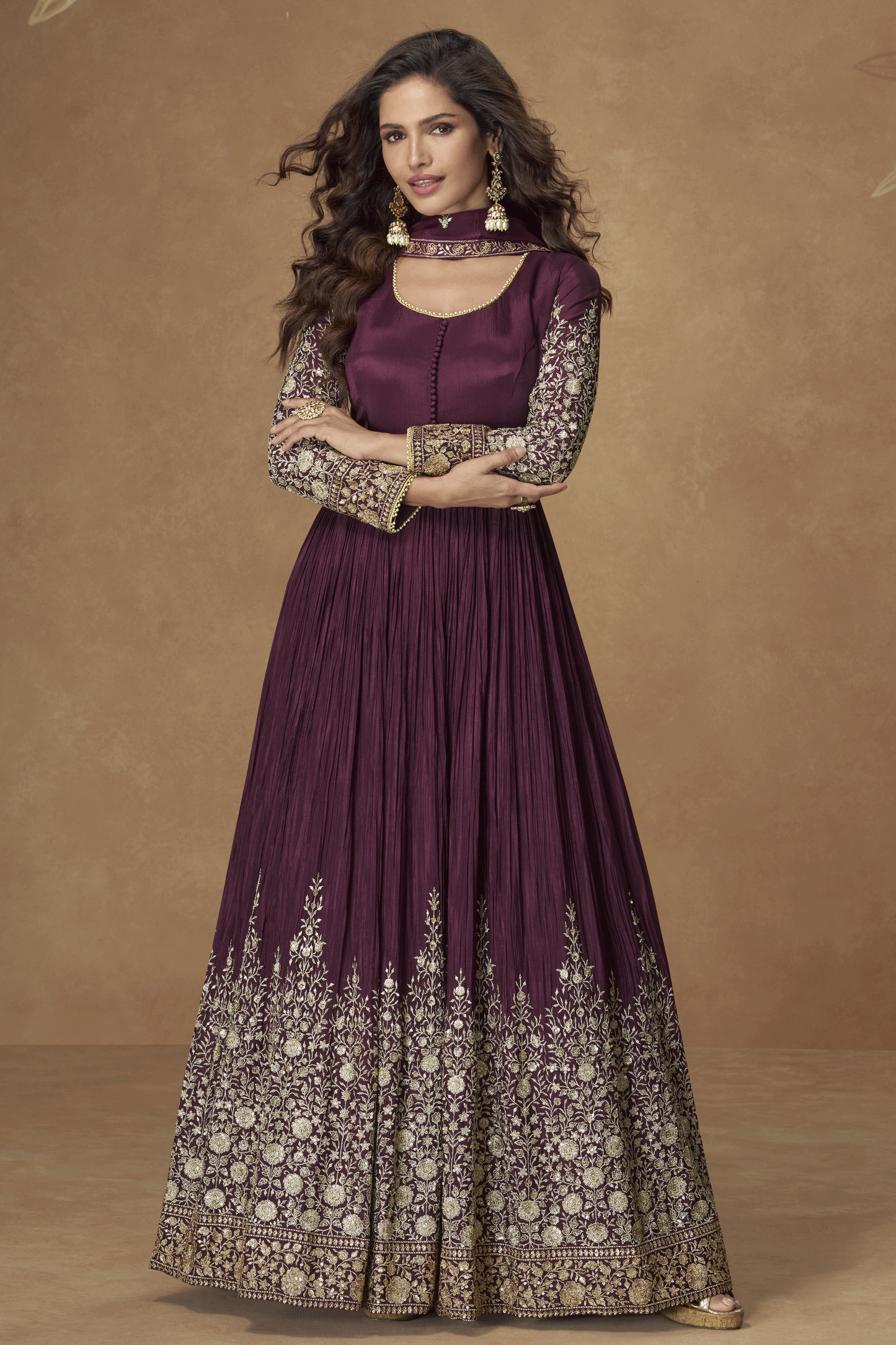 Wine Readymade Embroidered Chinon Gown with Dupatta-SS858_1_SareeButa.com